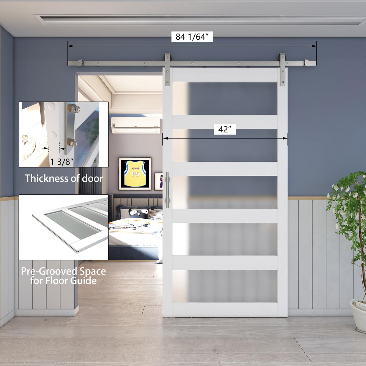 BARNSMITH 42in x 84in Glass Barn Door with 7FT Brushed Nickle Sliding Door Hardware Kit Included & Handle,5-Panel Frosted Glass Solid Wood Water-Proof PVC Surface,Pre-Drilled Easy Assembly,White