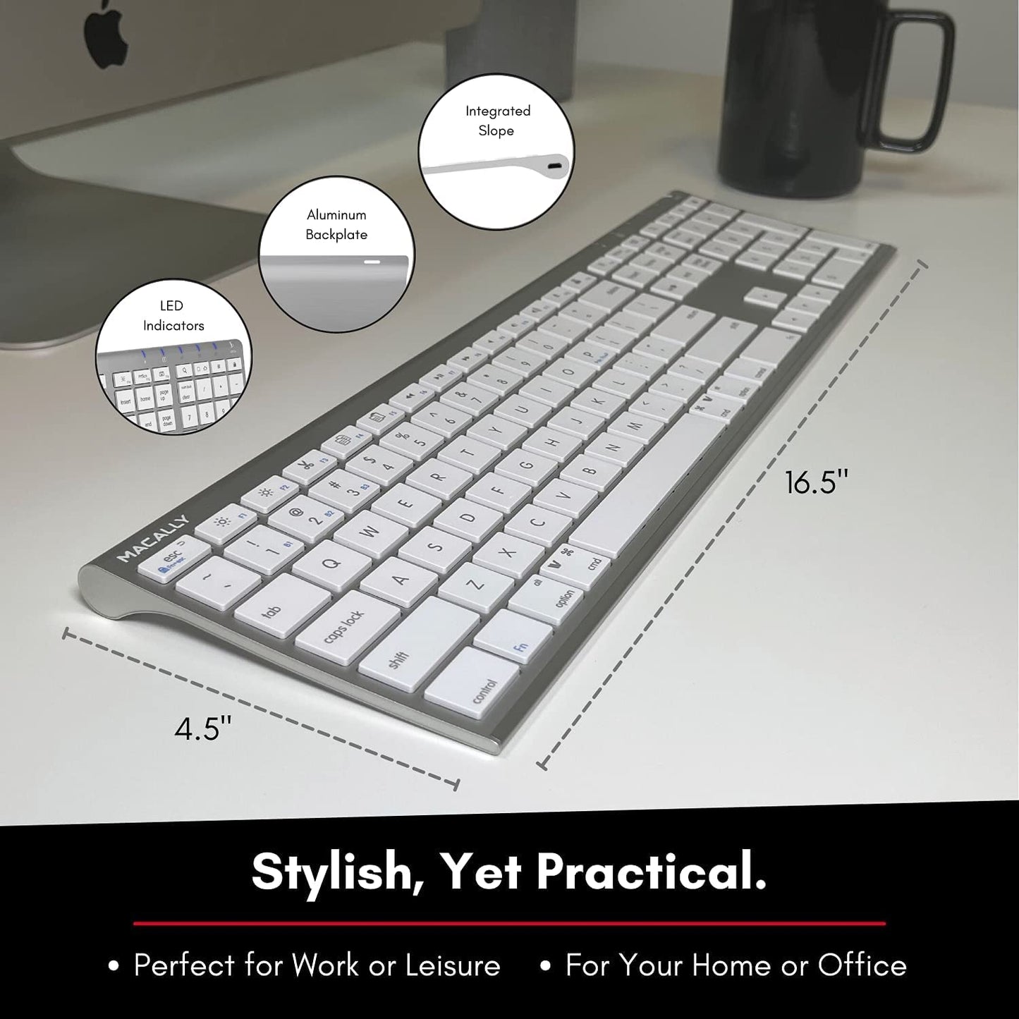 Macally Wireless Bluetooth Keyboard for Mac - Compatible Apple Keyboard or MacBook Pro/Air, iMac - Multi-Device, Up to 3 Devices with 110 Keys, 20 Shortcuts, Numeric Keypad, and Rechargeable - Silver