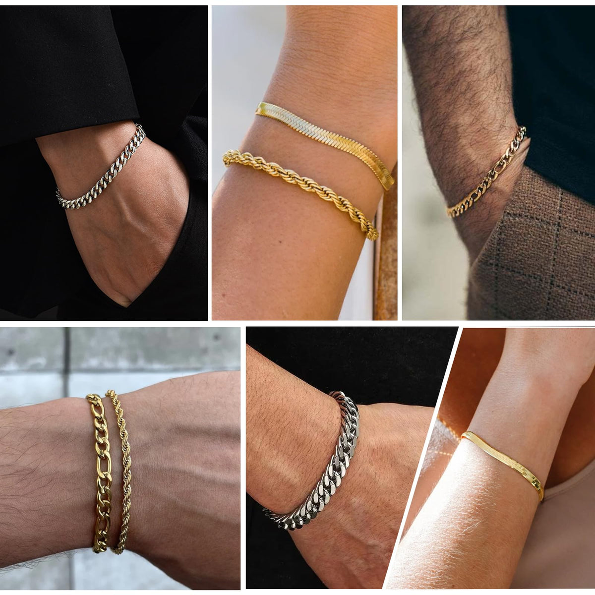 Zocomi Silver Chain Bracelets for Men Stainless Steel Stack Cuban Link Figaro Rope Chains Wrist Band Accessories Metal Bracelet Pack Set Jewelry Gifts Teen Boys Him Male Pulsera Para Hombres 8.3 Inch