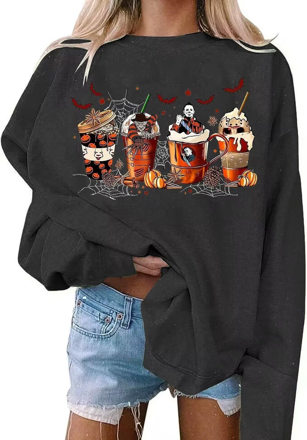 VKEGNIO Halloween Sweatshirt Women Horror Movie Pumpkin Coffee Graphic Sweatshirts Halloween Shirts Fall Crewneck Sweatshirt (XX-Large, Dark Gray)