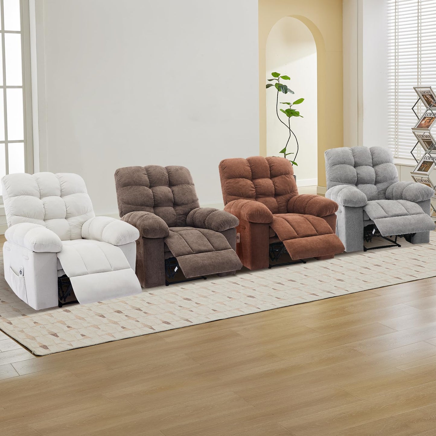 Oversized Recliner Rocking Chair - Wide Overstuffed Recliner with Massage & Heat, Lumbar Support, Side Pockets, Remote Control, Upholstery Soft Sofa Chair for Living Room, Bedroom - Light Brown