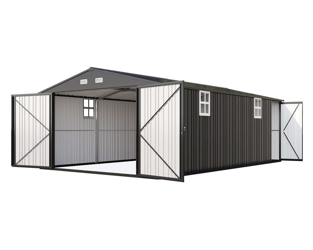 AMERLIFE 13x21x8 FT Metal Garage Shed, Extra Large Outdoor Storage Shed with Double Hinged Doors, 4 Windows, Heavy Duty Carport for Cars, Boats, Trucks and Equipment Storage, Dark Gray