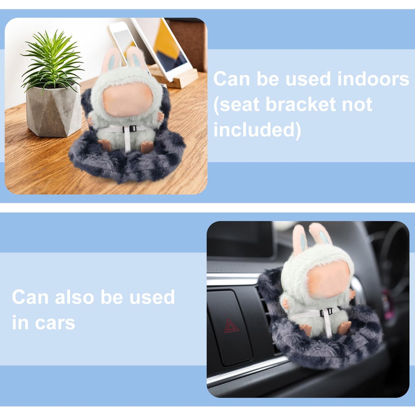 Car Seat for Dolls, Cute Safety Decorative Sofa with Soft Furry Cushion, Air Vent Clip Display Chair Stylish Car Desktop Decor for Blind Box Toys & Collectible Dolls (Blue Gray Leopard)