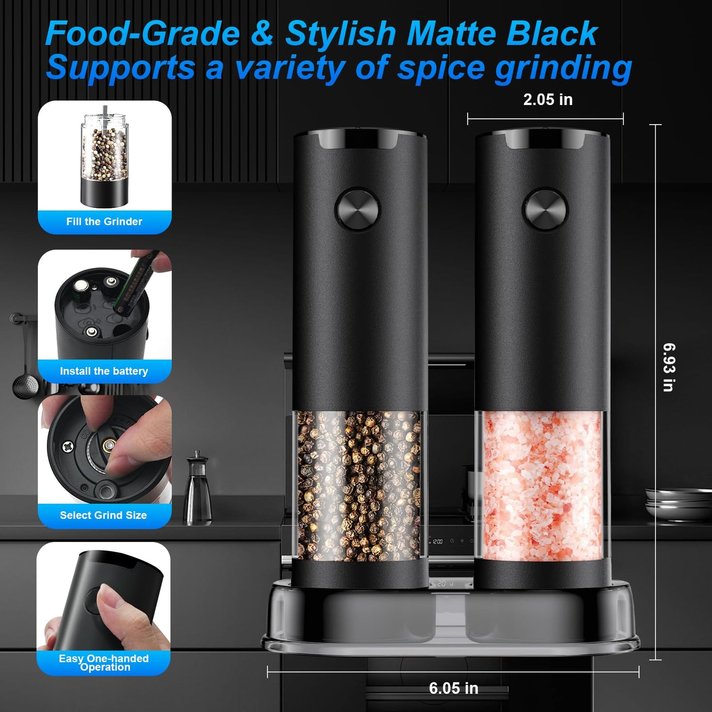 JIDSPWLS Electric Pepper and Salt Grinder Set(2 Pack Black/Black)Adjustable Coarseness Salt & Pepper Mill,With LED Light,Easy to Clean,Battery Powered,One Handed Operation,Kitchen Essential
