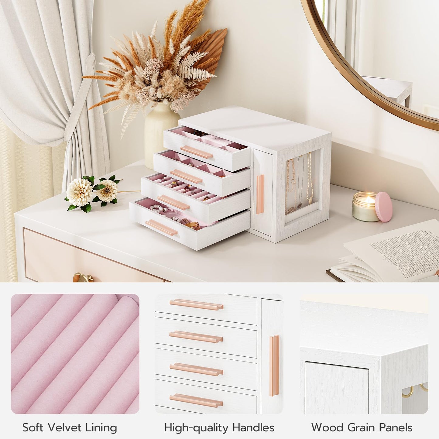 HOOBRO Jewelry Box for Women, Wooden Jewelry Organizer with Transparent Window, 4-Layer Jewelry Organizer Box, Jewelry Holder Organizer for Earrings, Necklaces, Rings, White and Gold WD09JB04