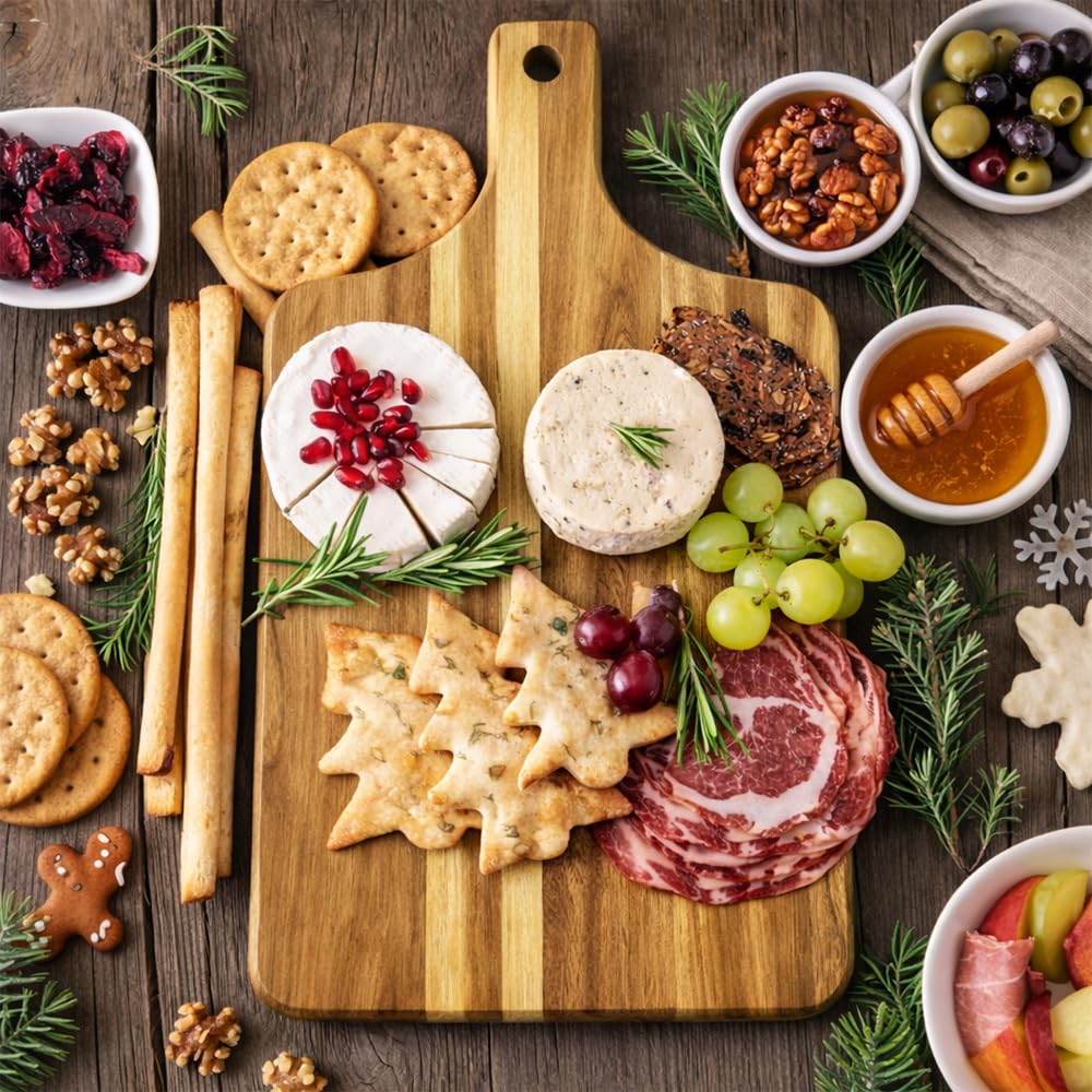 Premium Acacia Wood Cutting Board with Handle, 13.8"X7.1" Cutting Boards for Kitchen, Small Cutting Board for Cheese & Meat, Charcuterie Boards, Wooden Trays, Kitchen Gifts (5Pcs)