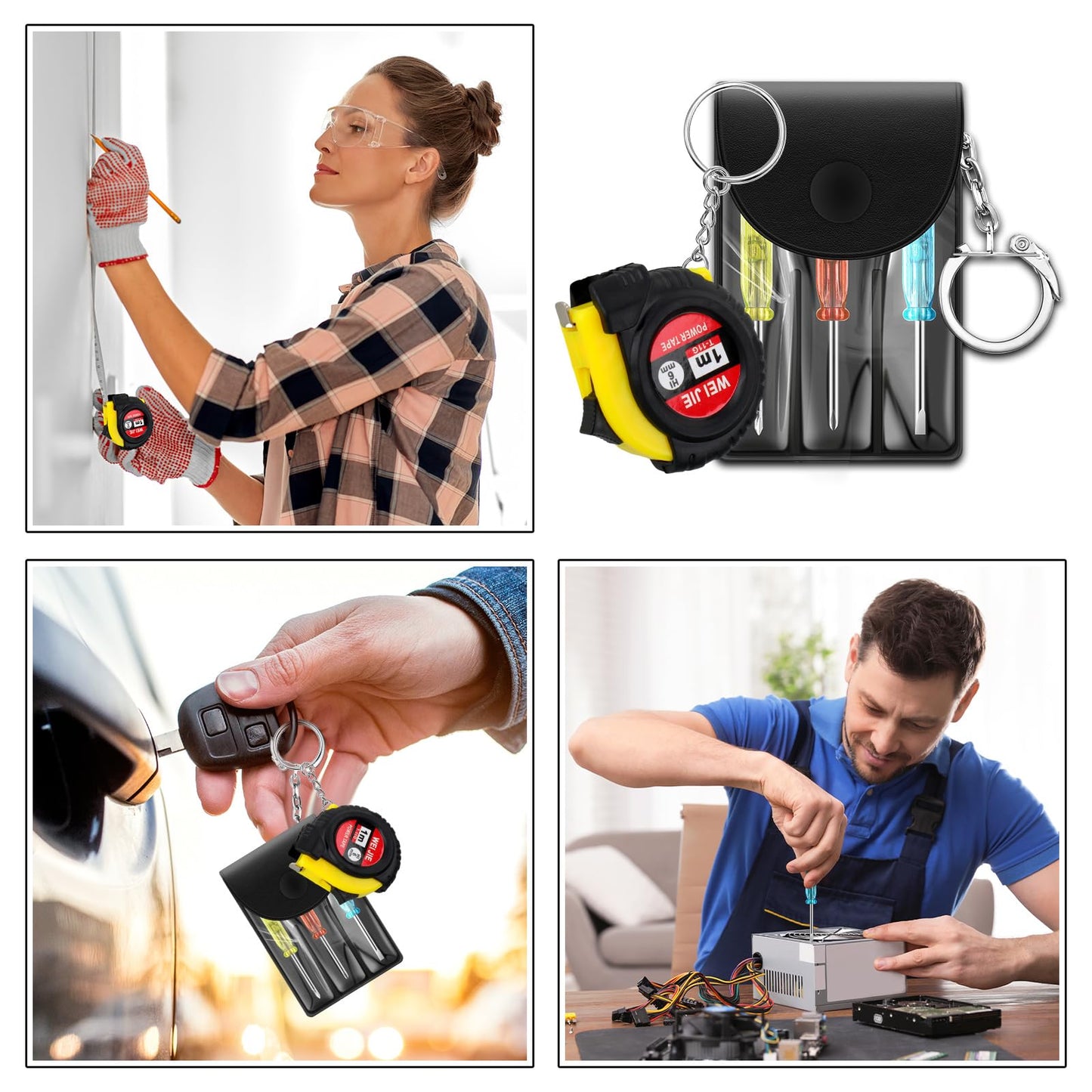 Lasnten 50 Pcs Mini Tape Measure Screwdriver Keychain Set Bulk Men Gifts Multitool Pen Card Mini Tool Bag Pouch Adult Party Favors Pinata Stuffers for Men Father's Day Husband Gifts (Black+Yellow)