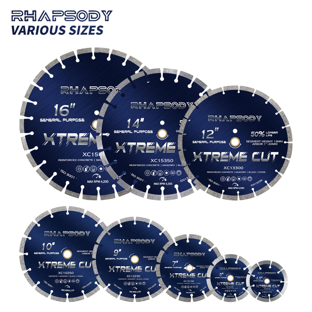 RHAPSODY 14 Inch Diamond Concrete Saw Blade 5pcs, Turbo Segmented General Purpose Blade Dry/Wet Cutting Concrete, Reinforced Concrete, Masonry, Brick, Block,1"-20mm Arbor