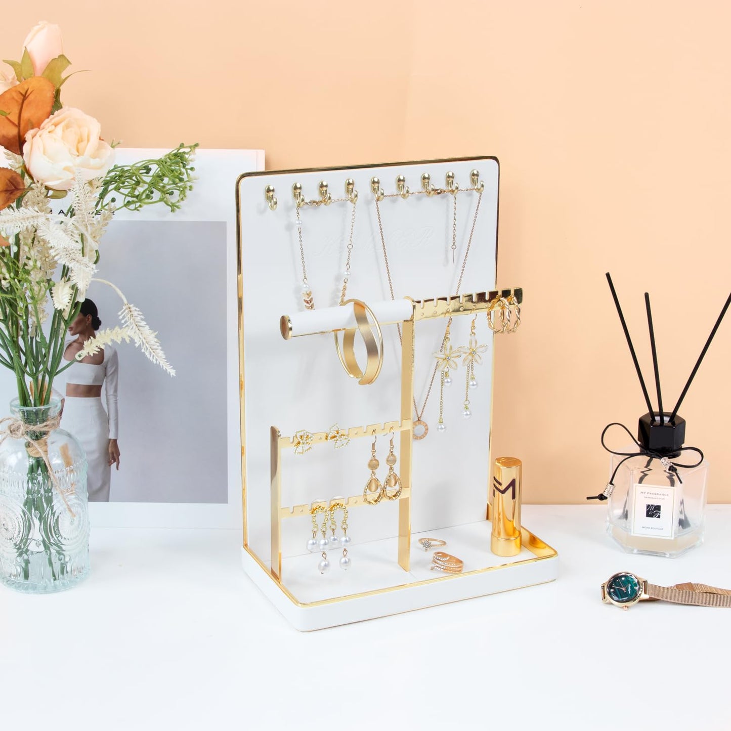 KAMIER Jewelry Organizer Stand Holder - 4 Tier Cute Necklace Holder Stand Rack with 10 Hooks - Aesthetic Jewelry Storage Rack Tree for Teen Girl Room Decor -White
