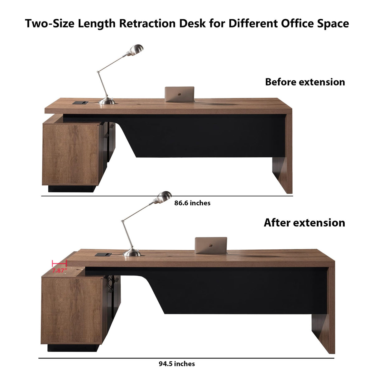 ONNAHOMEStlyle L Shaped Desk with File Drawer, Solid Wood Large Executive Desk for Home Office, Adjustable Width (86.6" to 94.5"), Storage Cabinet & 2 Drawers, Right Return