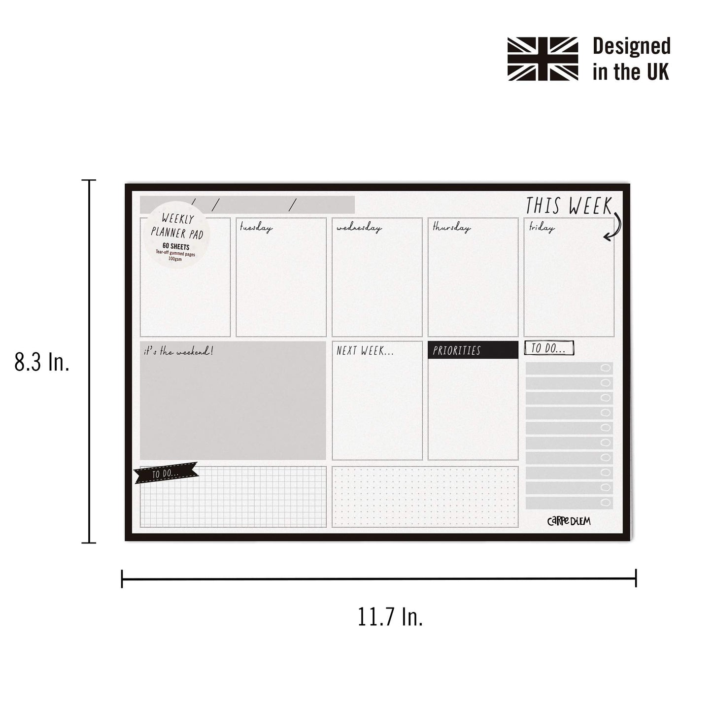 Pukka Pad Carpe Diem Weekly Planner Pad for Daily Organization, Scheduling, & Appointments - Includes To-Do List, Weekend, & Priority Sections, 60 Sheets Tear-Off Sheets, 11.7 x 8.3in, Black