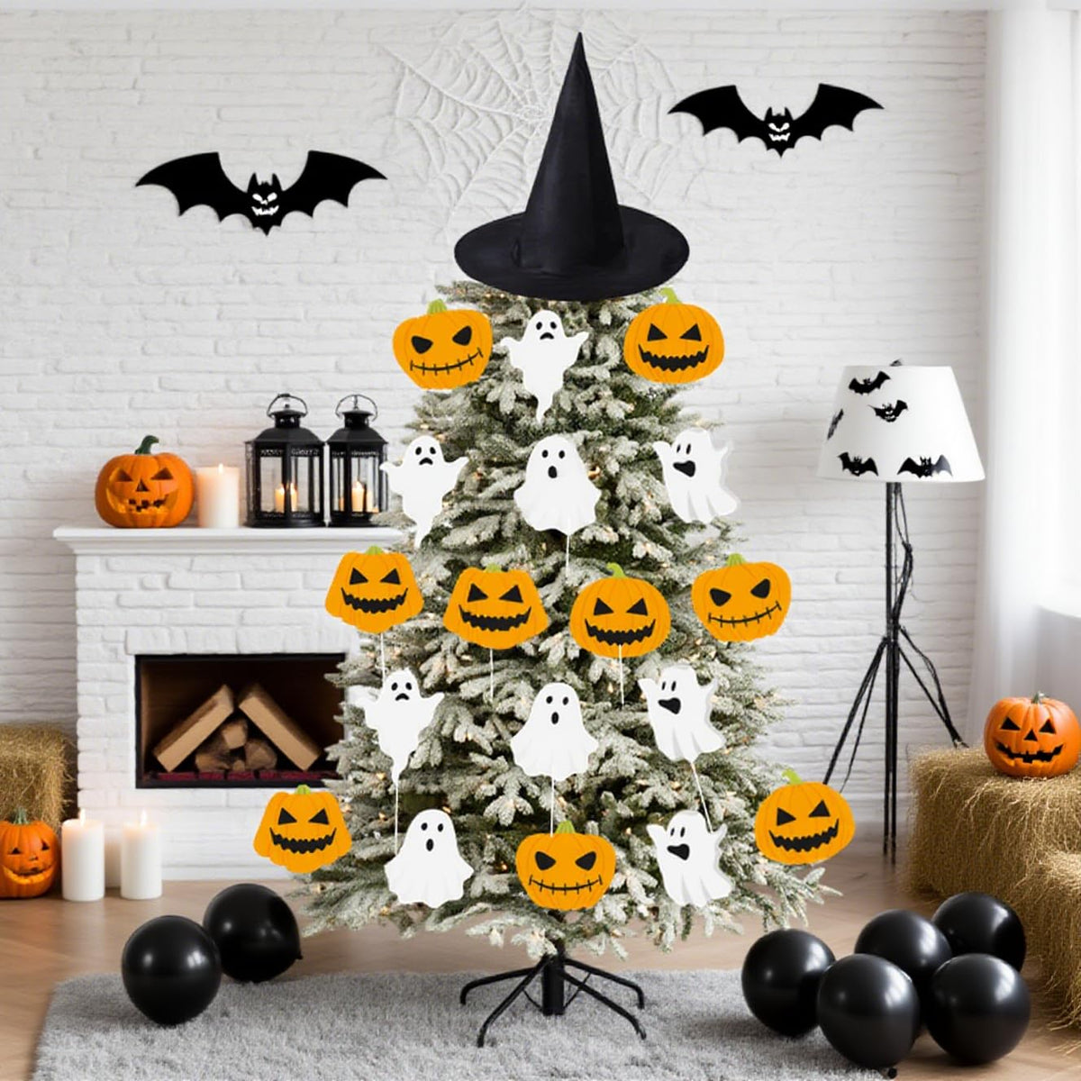 19 PCS 8 Inch Large Spooky Ghosts Pumpkin Halloween Tree Picks 15" Witch Hat Cute Trick or Treat Ghost Picks Ornaments for Tree Hanging Party Decor Topper Home School Table Vase Décor