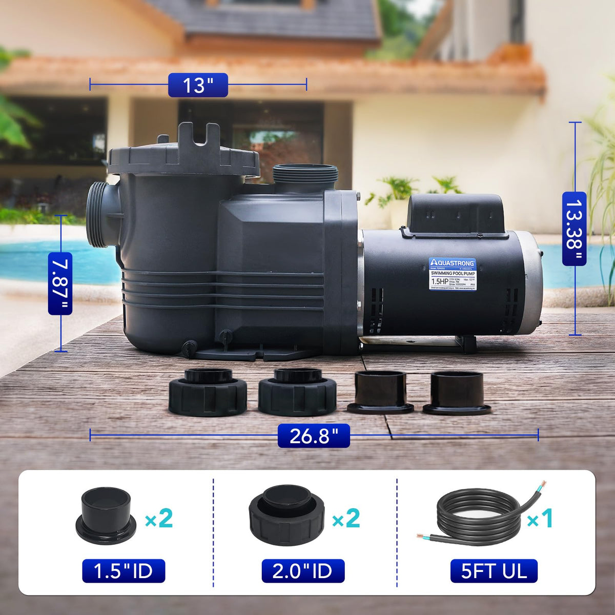 AQUASTRONG In/Above Ground Pool Pump Pure Copper Motor Energy Efficient High Flow Powerful Self Primming Swimming Pool Pumps with Filter Basket, Dark Grey