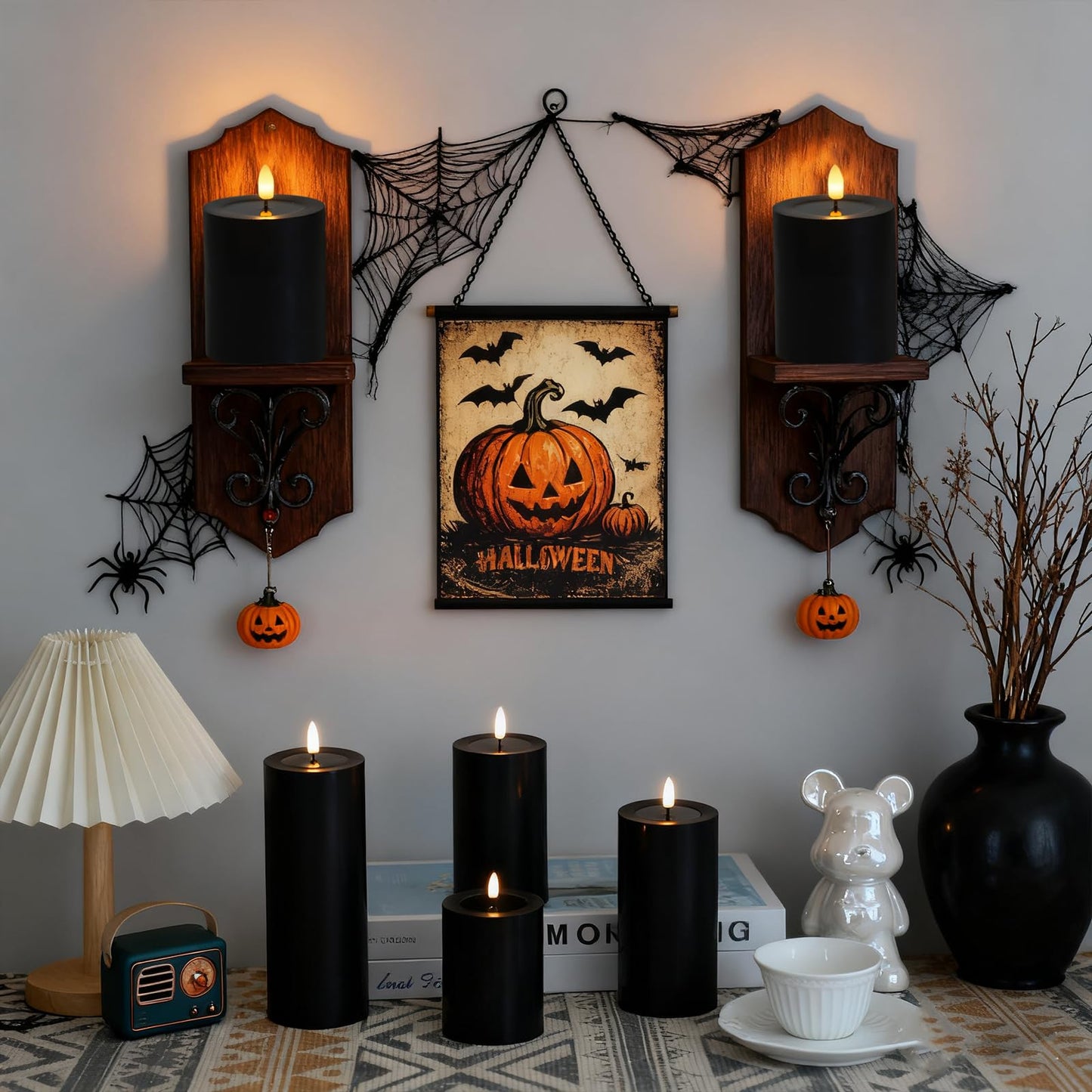 Lezonic Black Flameless Candles with Remote, LED Battery Operated Flickering with Timer, 4 Pack Glossy Wax Drips Design Real Wax Pillar for Halloween Decor, Centerpiece, Birthday Gifts (4/5/6/8 Inch)