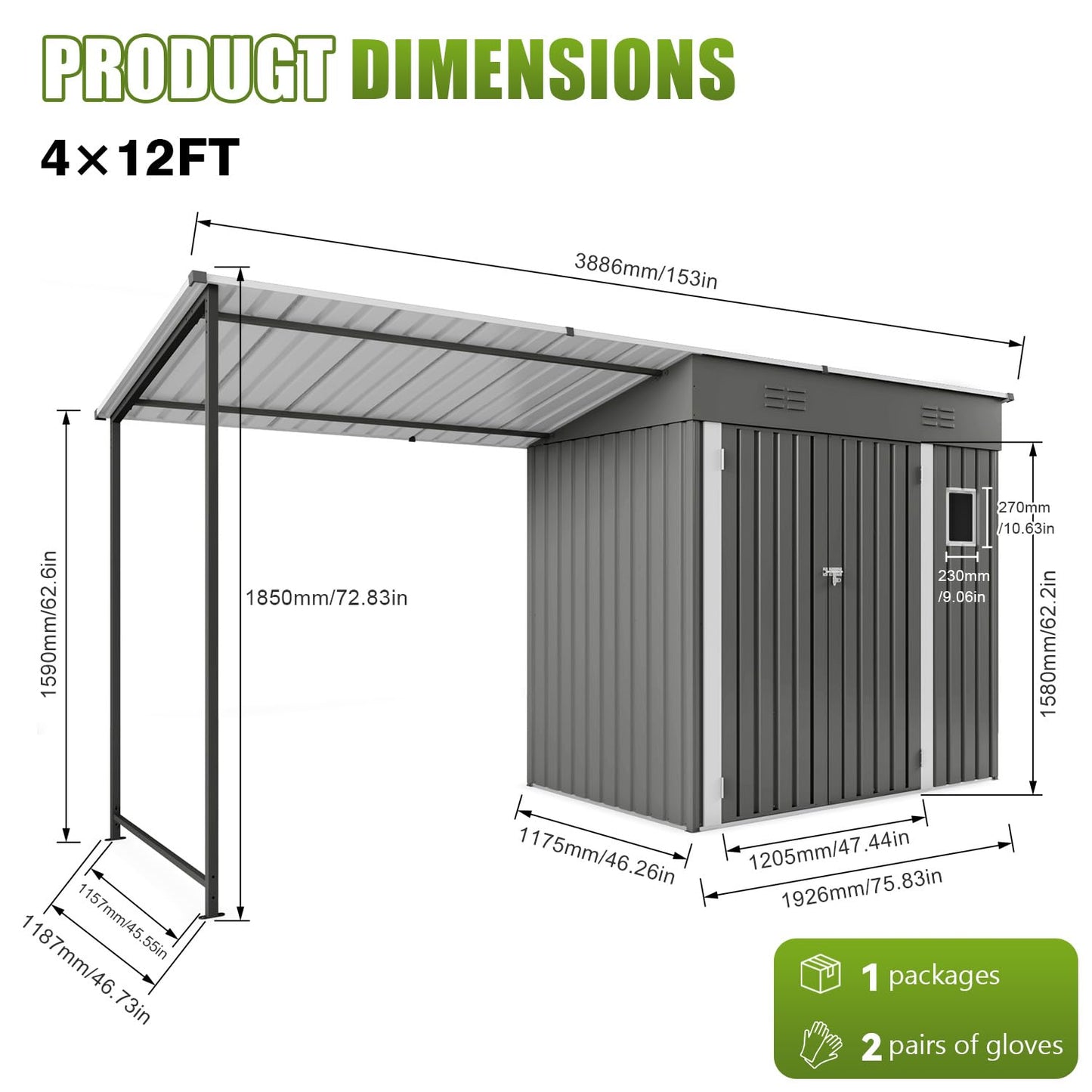 Praxatek 2-in-1 Metal Outdoor Storage Shed with Hardtop Pergola, 4x12 Ft, Gray, Sloped Roof, for Backyard, Patio, Garden