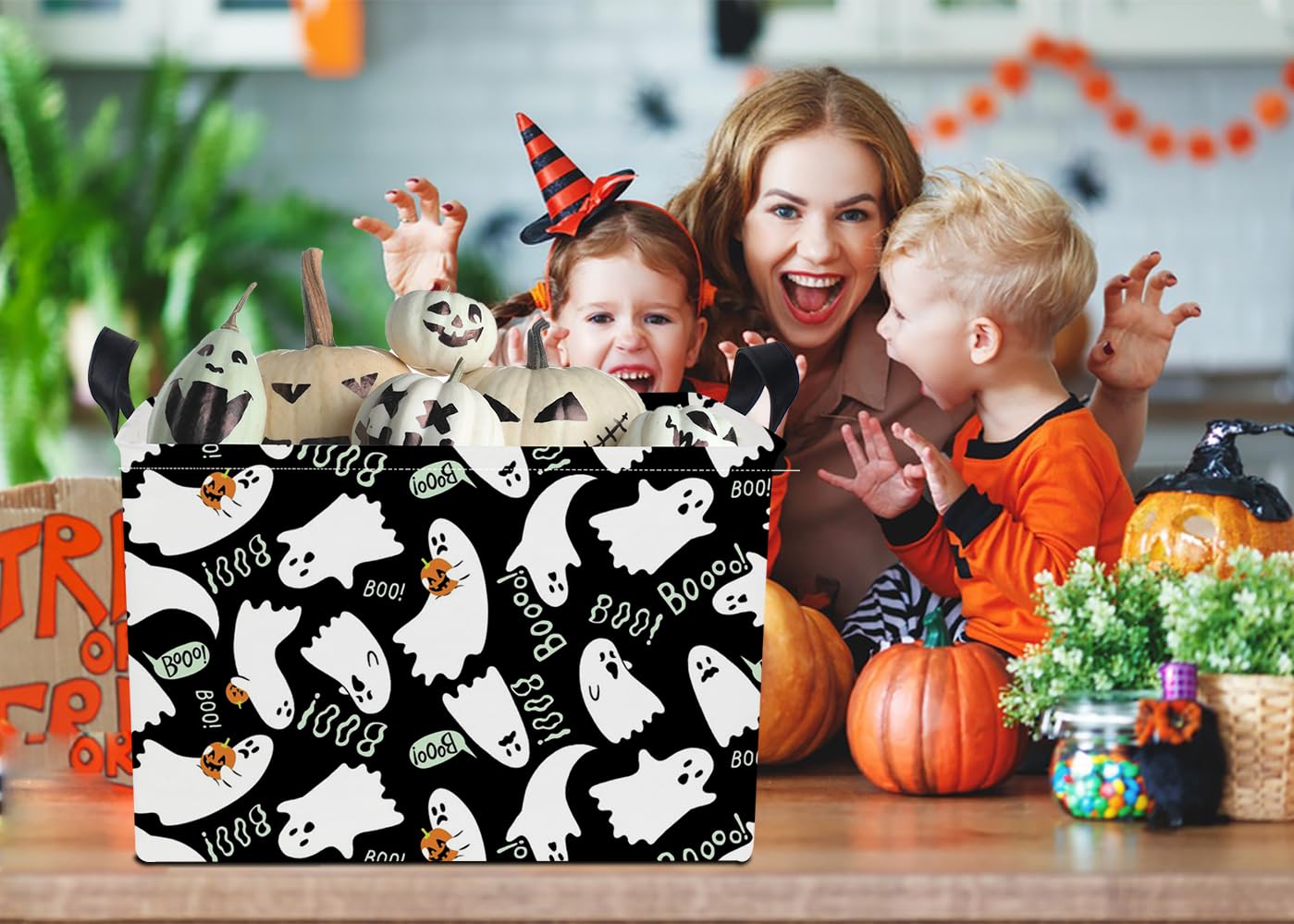NTAOHAMPER Rectangular Gift Storage Basket Empty for Halloween, Storage Bin with Handles, Room Decor, Book Box(Black Ghost)