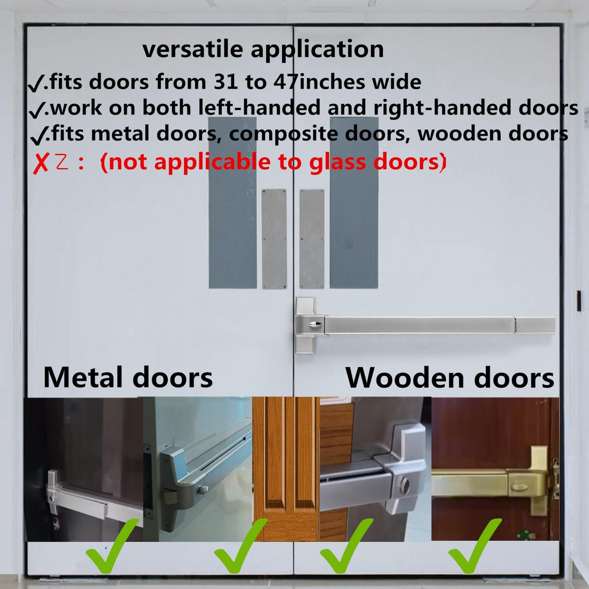 suermany 31.5”/80cm Stainless Steel Commercial Door Push Bar Panic Exit Device with Exterior Lever Handle - Fits 30"-37" Wood & Metal Doors