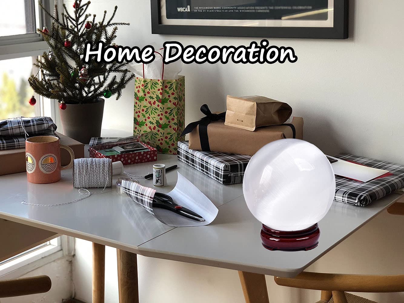 JIC Gem 3.5-4 Inch(90-100mm) Selenite Crystal Sphere with Wooden Stand Healing Crystal Ball for Meditation, Home Decoration