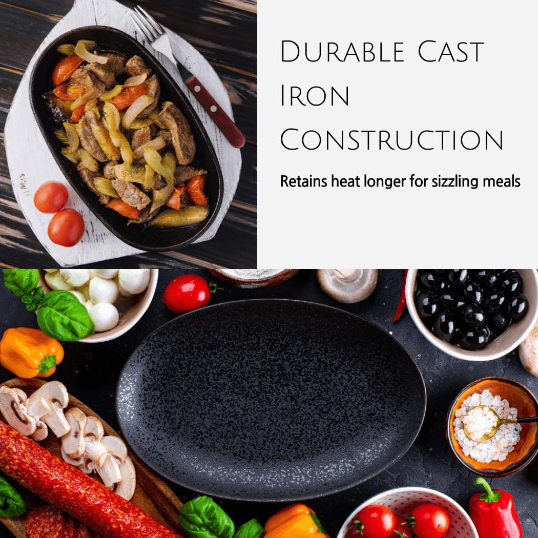 JapanBargain, Set of 2 Cast Iron Sizzling Plates with Wooden Bases – Steak & Fajita Serving Platters – Pre-Seasoned Grill, Oven, Induction Safe – 9.5" x 5.5" Plates, Home or Restaurant Use