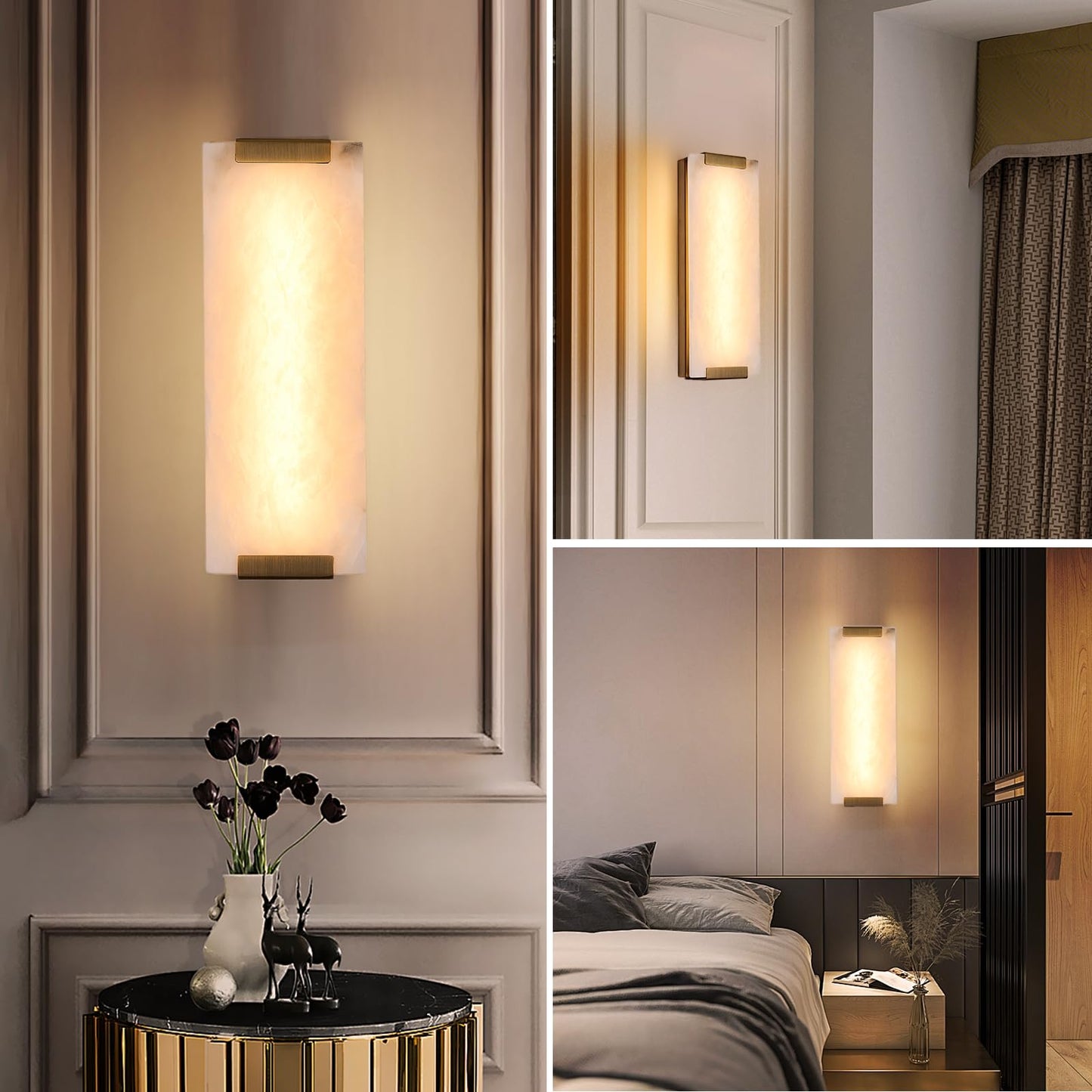 HOMLUCE 14.2in Alabaster Wall Sconces, Large Natural Marble Wall Sconces Set of Two, LED Modern Wall Lamp for Bedroom, Stairs, Living Room, Vanity, Bedside, Hallway (Brushed Bronze 12W)