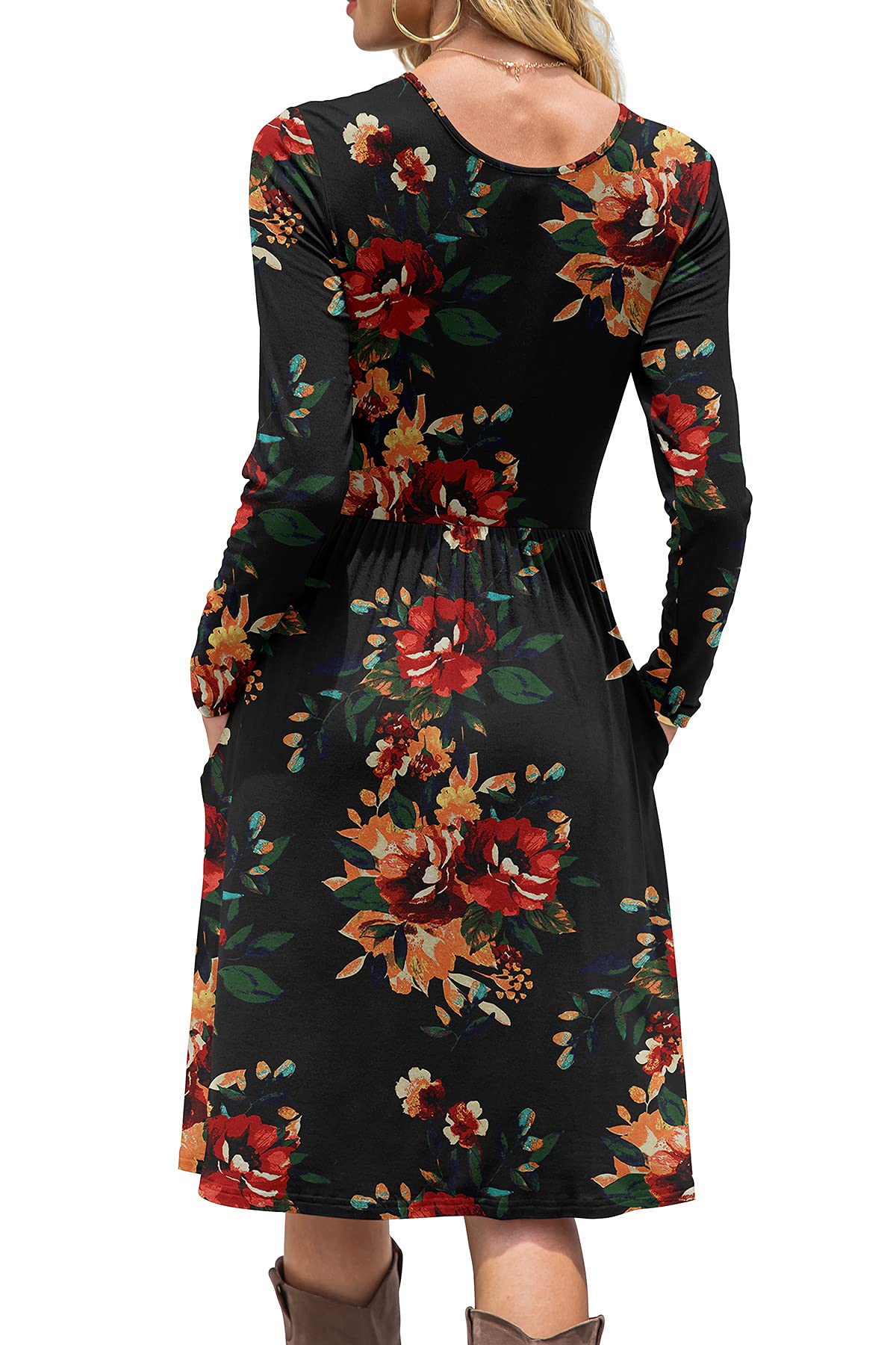 DB MOON Women Casual Long Sleeve Dresses Empire Waist Loose Dress with Pockets (Brown Floral Black, S)