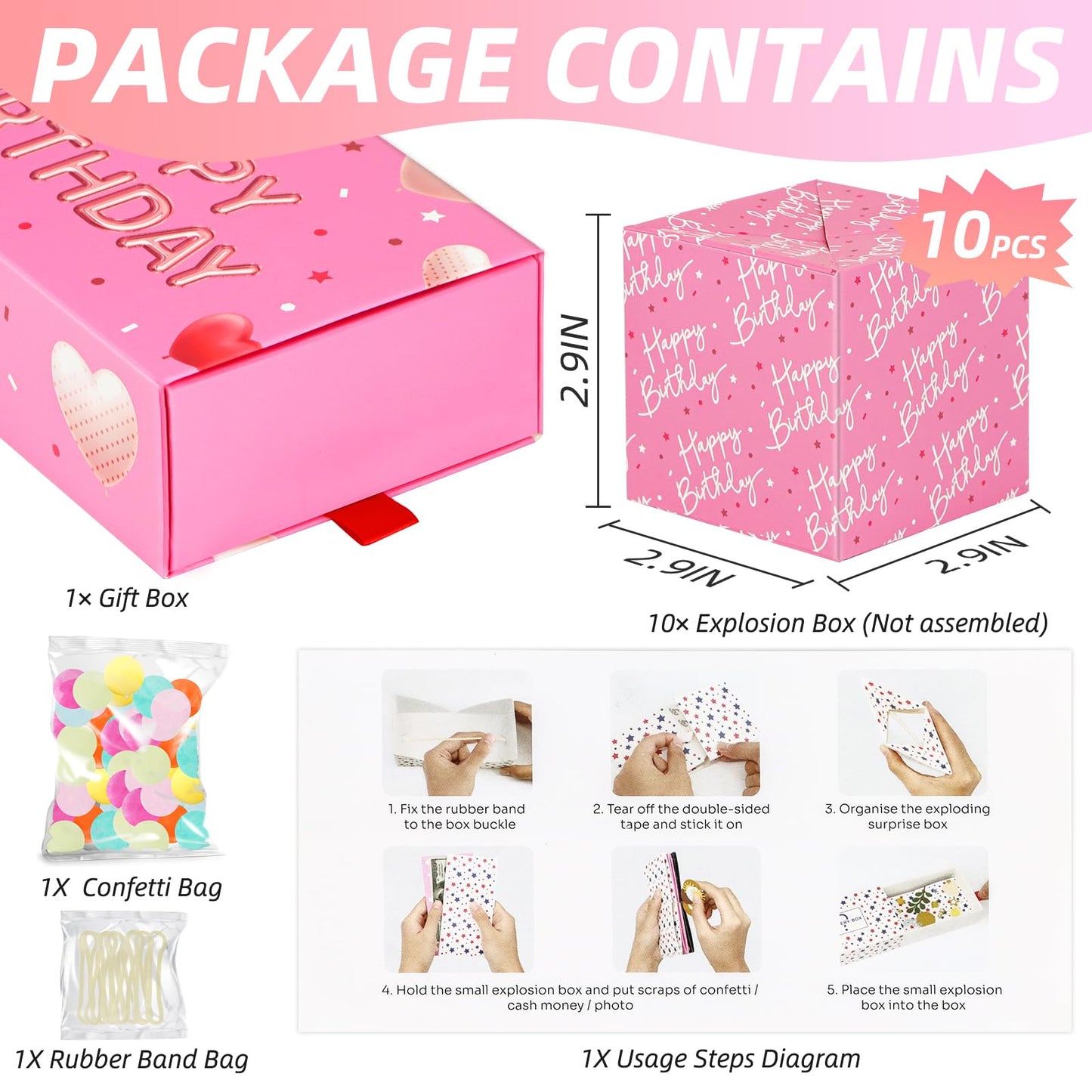 WenmthG Happy Birthday Surprise Gift Box Explosion for Money - DIY Pop Out Folding Bounce Explosion Gift Box with Confetti - Birthday Money Bank - Cash Gift Idea for Women Men Kids (Pink)