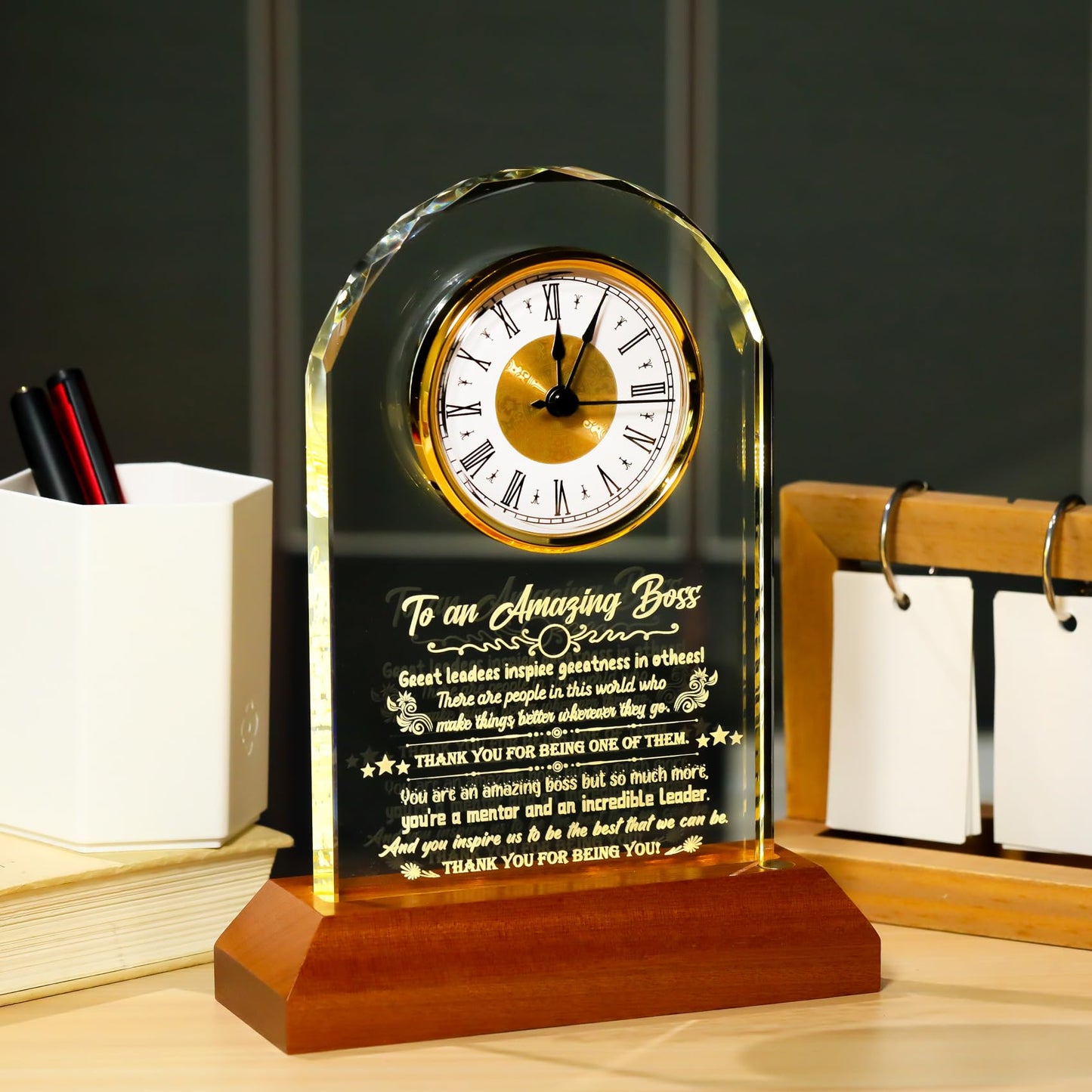 Arikyrist Boss Gifts for Women Going Away Clock for Female Bosses with Wooden Light Base Appreciation Retirement Presents for Men Lady Boss Boss's Day Gift Idea Office Decor
