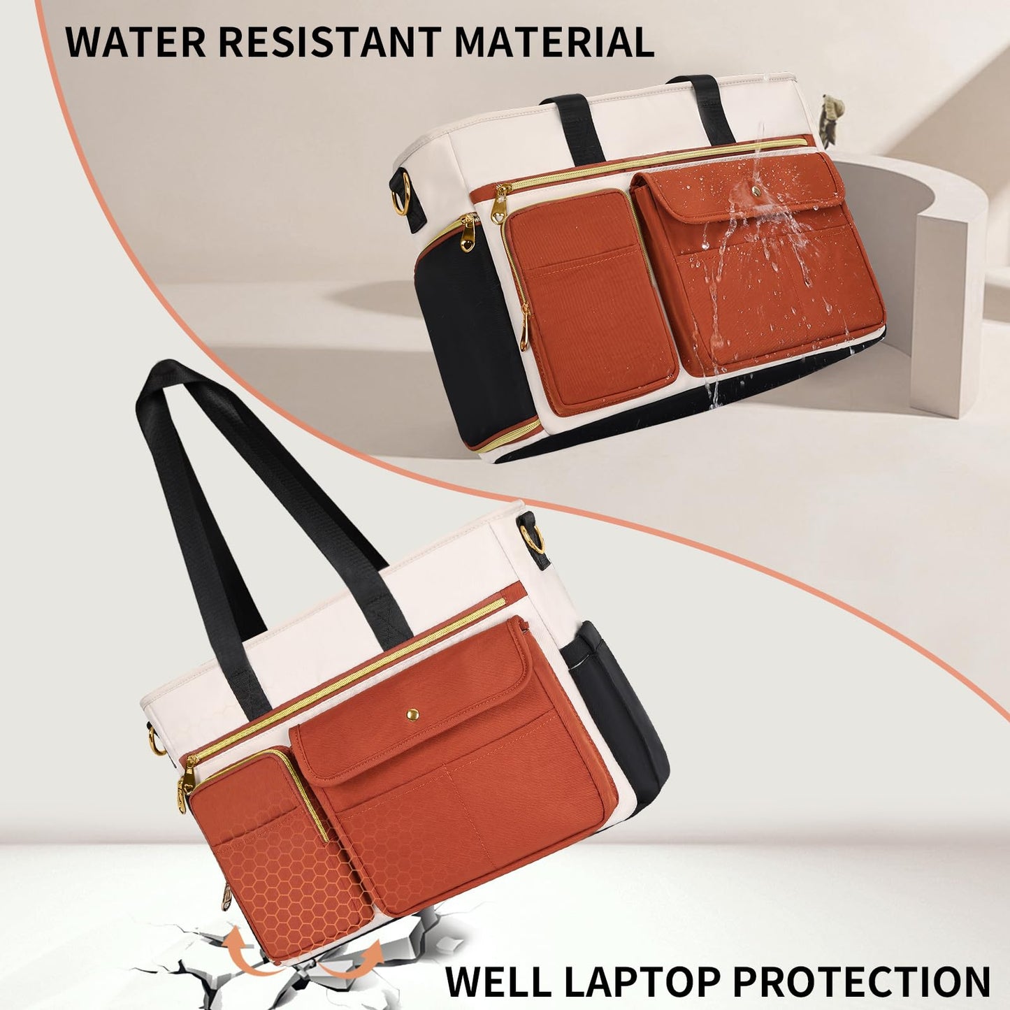 ESTARER Teacher Tote Bag for Women 2Pcs,15.6'' Laptop Work Bag Computer Bag w/File Folder & Insulated Pocket, Large Water-resistant Messenger Shoulder Bag for Office/Travel/College,Black-Beige-Brown
