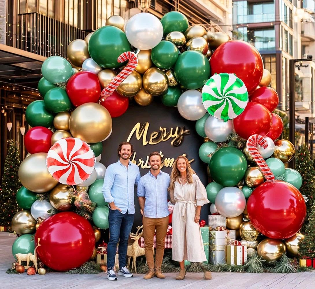 Christmas Balloon Arch Kit, Double Stuffed Red Green White Pearl Balloon Garland Sage Green Red Gold Balloons With Candy Cane Balloons for Christmas Birthday Xmas Santa Holiday New Year Party Decor