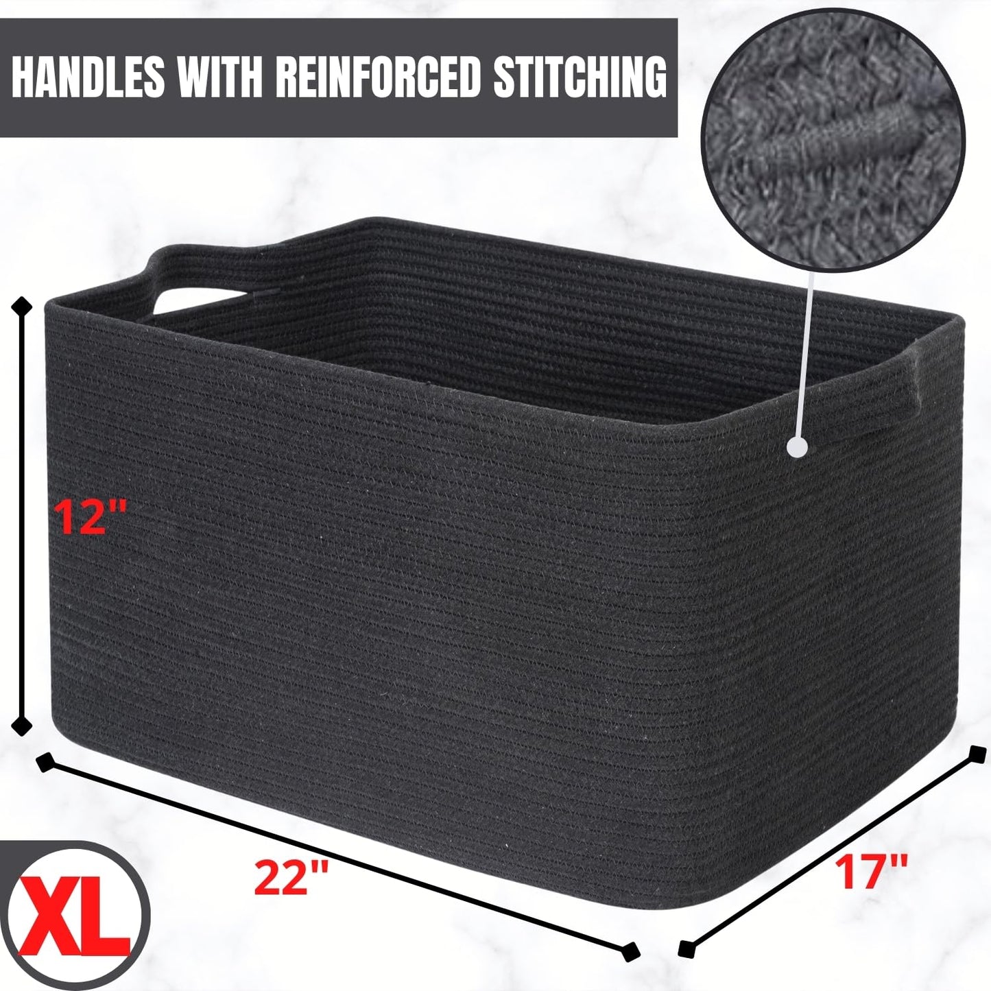 MINTWOOD Design 22in Extra Large Blanket Basket Holder Living Room, Rectangle Rope Woven Storage Basket with Handles for Laundry, Pool Towels, and Shoes, Dog Toy Organizer Bin Box, Charcoal