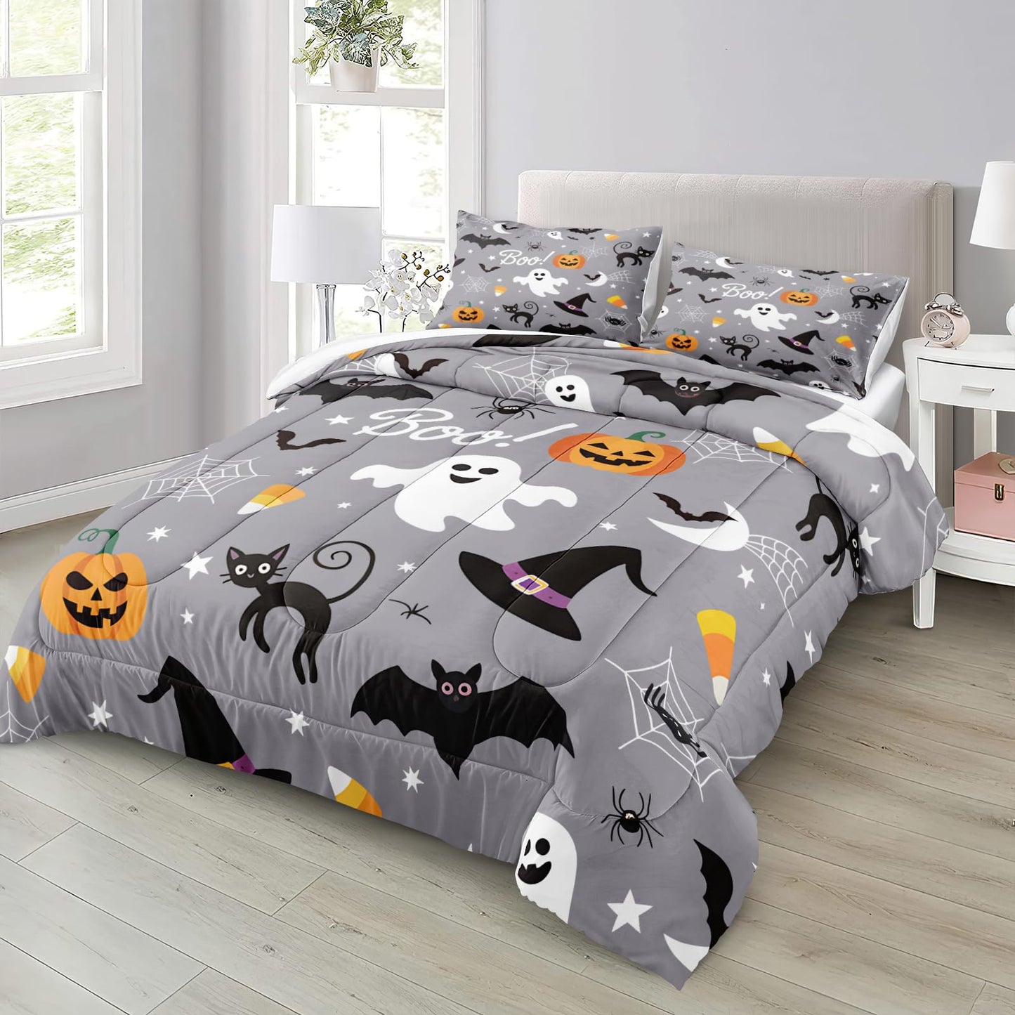 Merryword Halloween Bedding Comforter Set King Size Pumpkin Comforter Cute Pumpkin Ghost Pattern Cartoon Halloween Bedding Sets with 1 Cushion Cover (King, Cartoon)