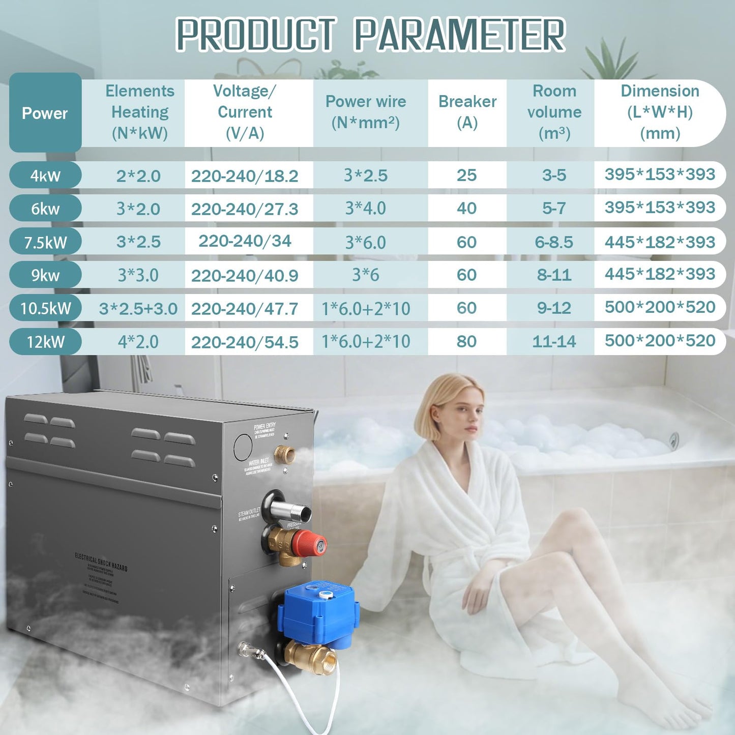 6KW Steam Generator-Quick start continuous steam,with Black digital control panel Self-Draining System, 95-131°F Temp Control,Can be used for heating a space area of 6m³/211Cu.ft.(6KW 220V)