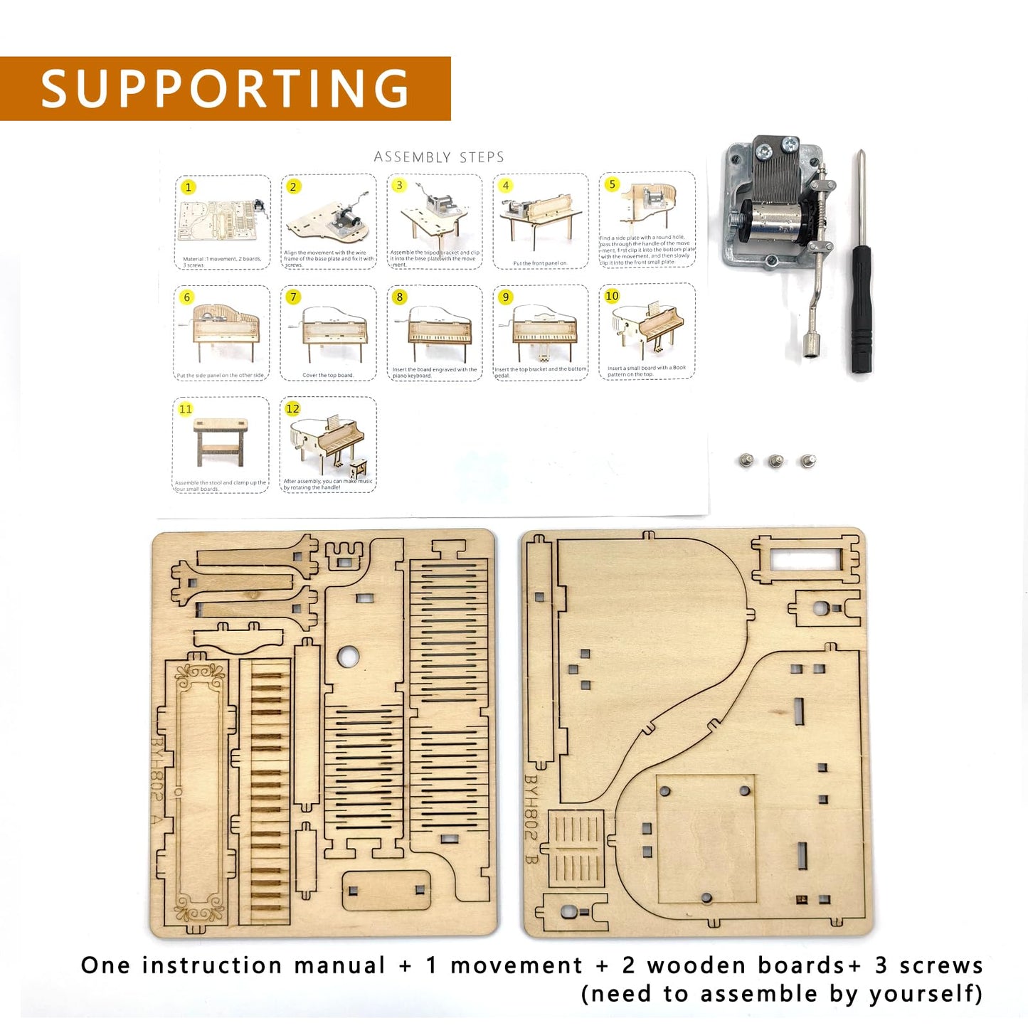 Musiin 3D Wooden Puzzle Piano Music Box – DIY Hand-cranked Grand Piano Model kit, Suitable for Music Lovers and Mechanical Craft Enthusiasts, can be Assembled into Musical Craft Gifts