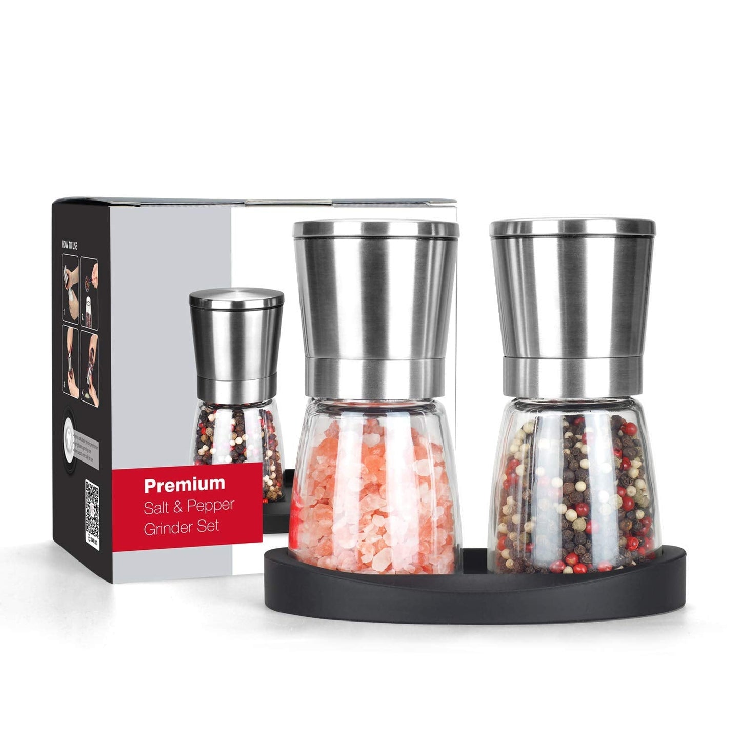 VEVOK CHEF Salt and Pepper Grinder Set Stainless Steel Adjustable Coarseness Ceramic Pepper Mill Salt Crusher with Silicone Tray Salt and Pepper Shaker Spice Grinder Kitchen