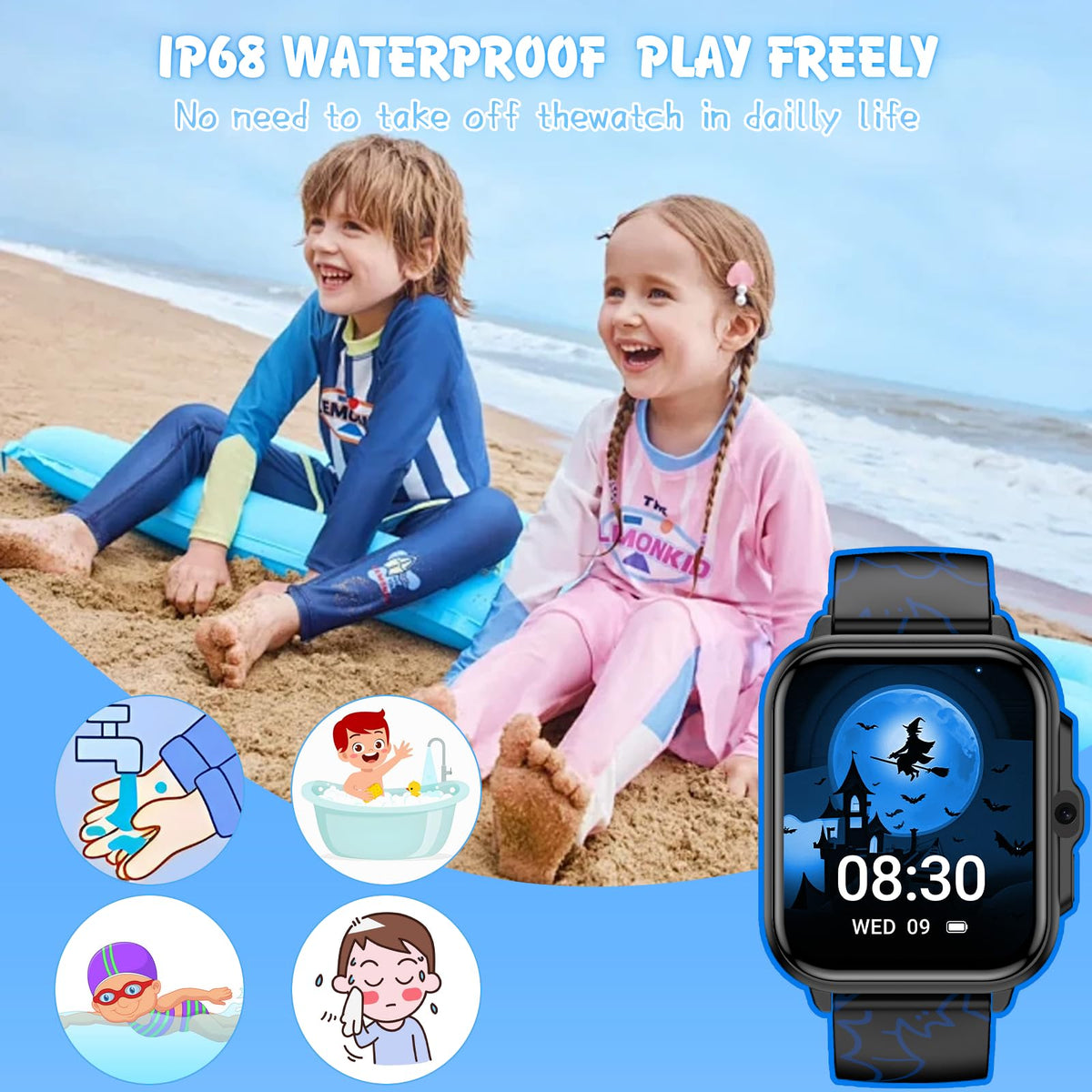 Smart Watch for Kids,1.85" Fitness Tracker,AI,games,Sports,Sleep Monitor,Camera,Videos,Alarm Play Music Flashlight Pedometer Stopwatch Pedometer IP68 Waterproof Gift for Boys and Girls (Black)