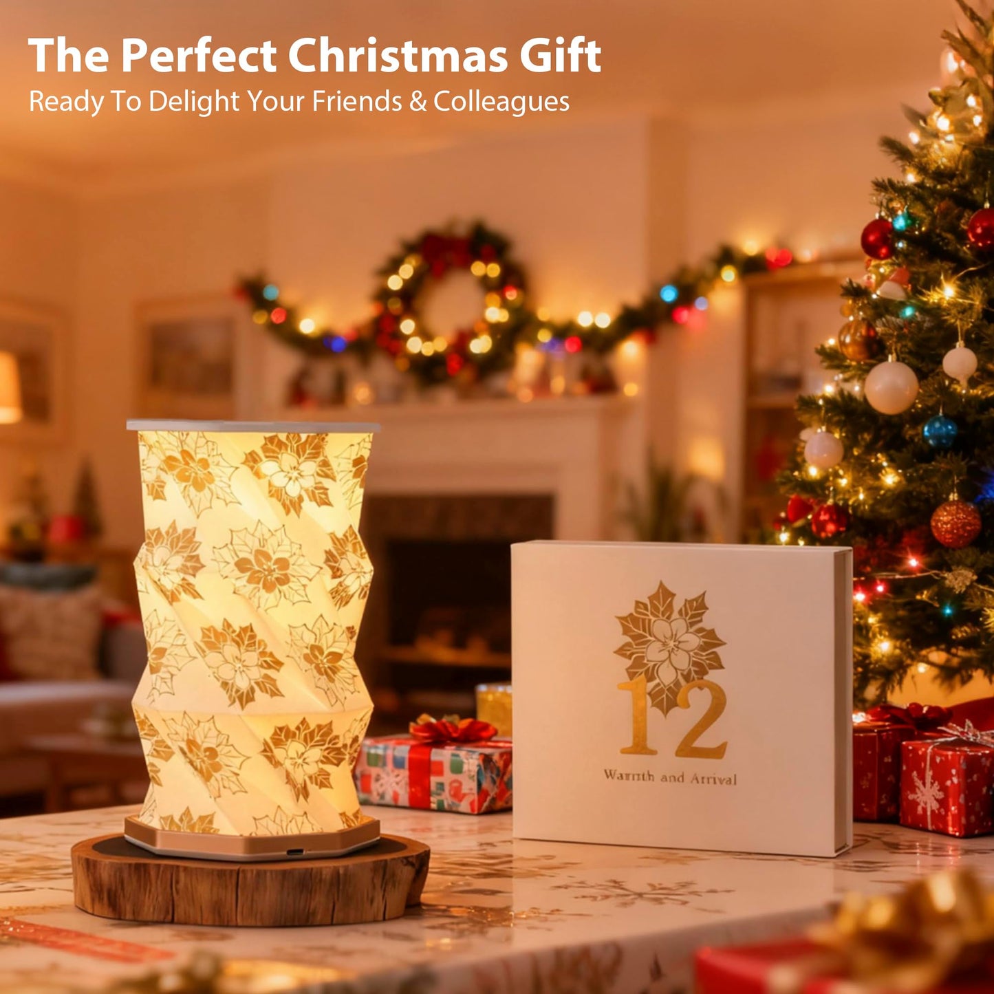 ZBOLE Birthday Flower Folding Rotating Lamp - December Christmas Rose, Rechargeable Folding Paper Light, Elegant Gift Box – Ideal Anniversary, Birthday Gift for Women, Mom, Sister, Grandma-White