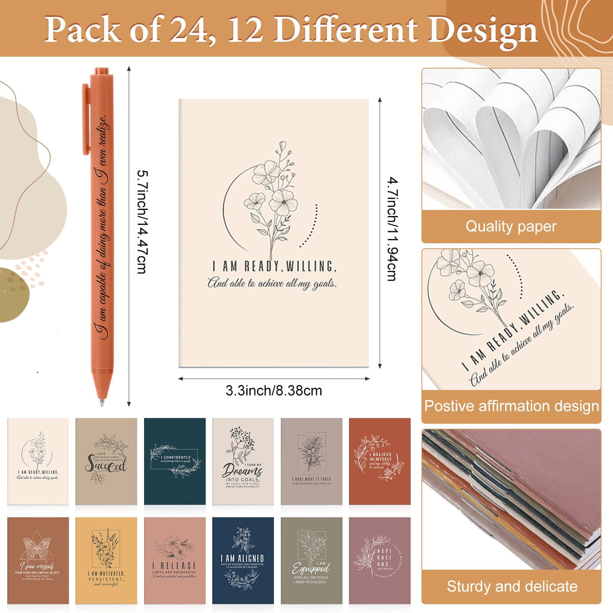Mooliwe 72 Pcs/24 Set Positive Affirmation Gift Set for Women Gratitude Notebooks with Ballpoint Pens Mini Mirrors Small Bags Motivational Encouragement Notepad for Women Coworkers Adult Party Favor
