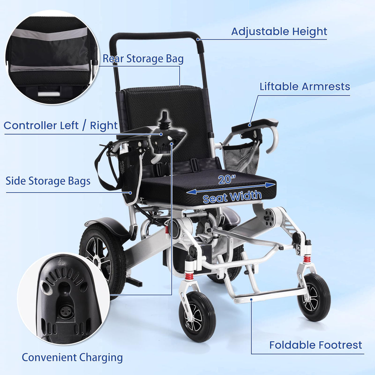 30+ Miles Range Electric Wheelchair for Adults Foldable, 20” Seat Width All Terrain Motorized Power Wheelchair Portable, 4mph 300 lbs Capacity 500W Power Airline Approved (2-Batteries Version)