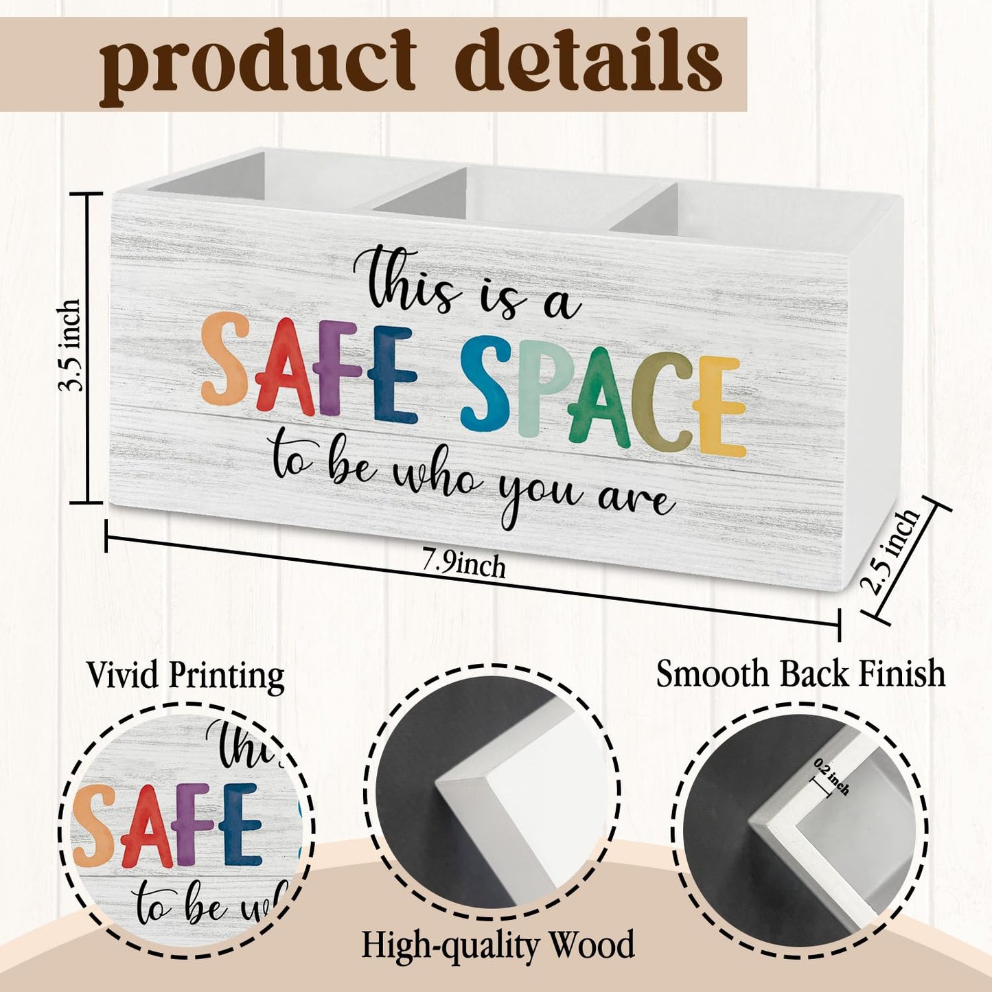 XLDLIOO Mental Health Classroom Pen Pencil Holder Organizer for Desk Accessories, This Is a Safe Space to Be Who You Are Inspirational Wooden Box Sign Desk Decor for Therapy Office Decoration