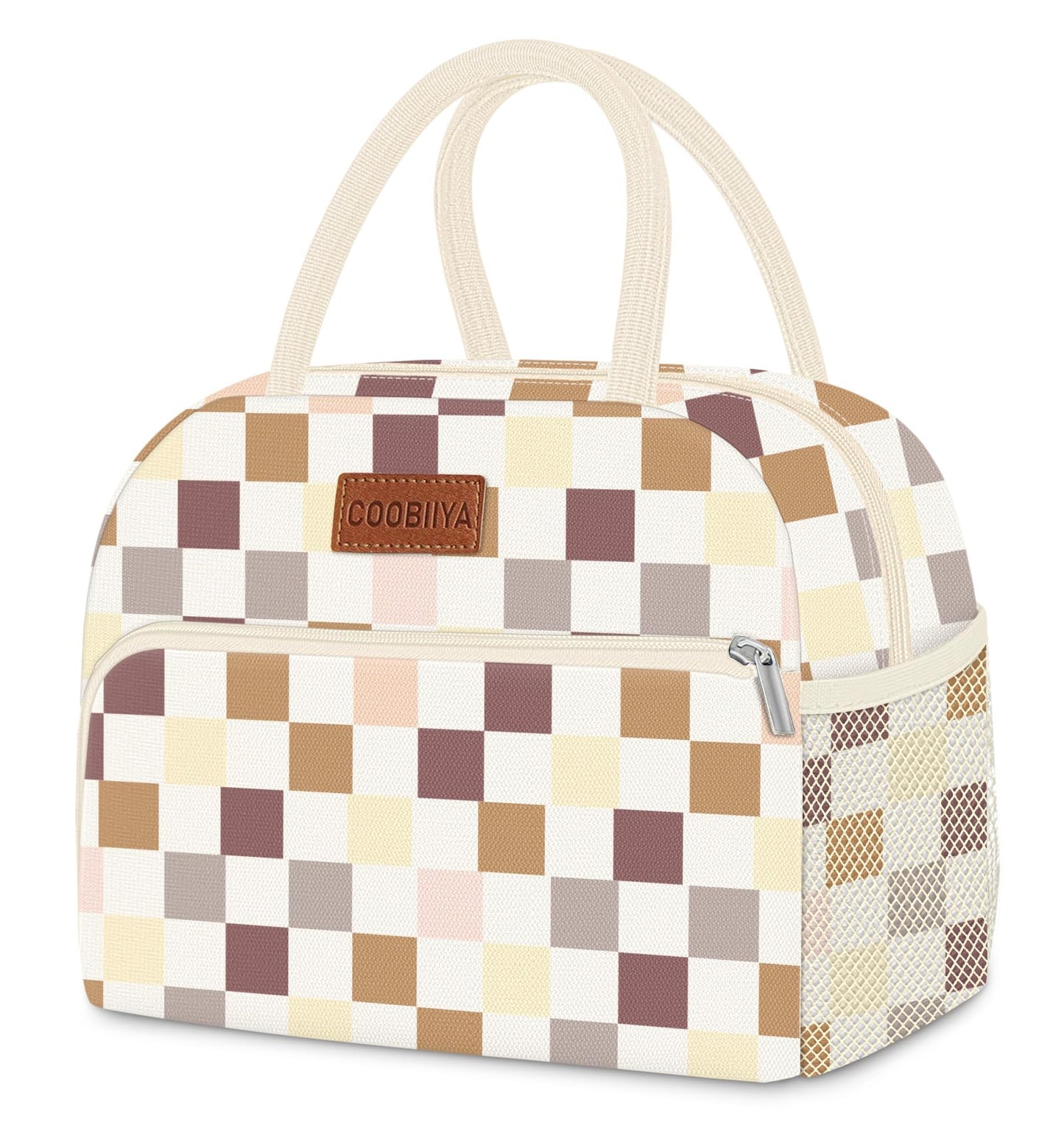 Coobiiya Lunch Bag for Women Men, Cute Corduroy Lunch Tote Bags Insulated Reusable LunchBox Large Capacity Cooler Bag for Work Travel Picnic Brown check