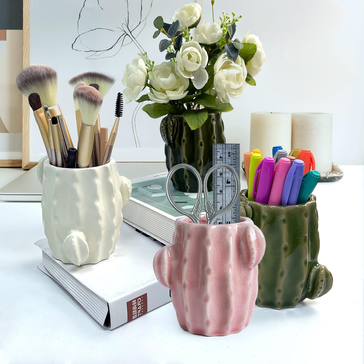 Cactus Toothbrush Holder for Bathrooms,Ceramic Toothpaste Holder Cute Toothbrush Holder Set,for Bathroom Counter and Desk Office Fun Decor Desk Organizer, Makeup Brush Holder - Dark Green