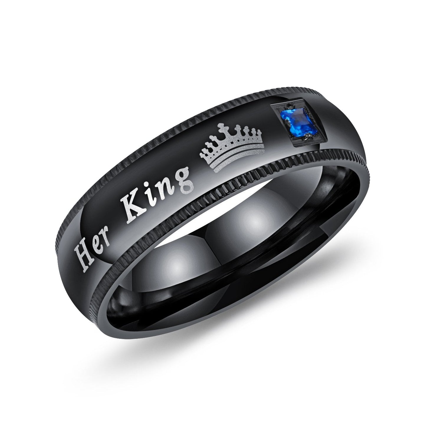 2Pcs Black Stainless Steel His Queen & Her King Couples Rings Set Wedding Engagement Band (Male Size 9 & Female Size 5)