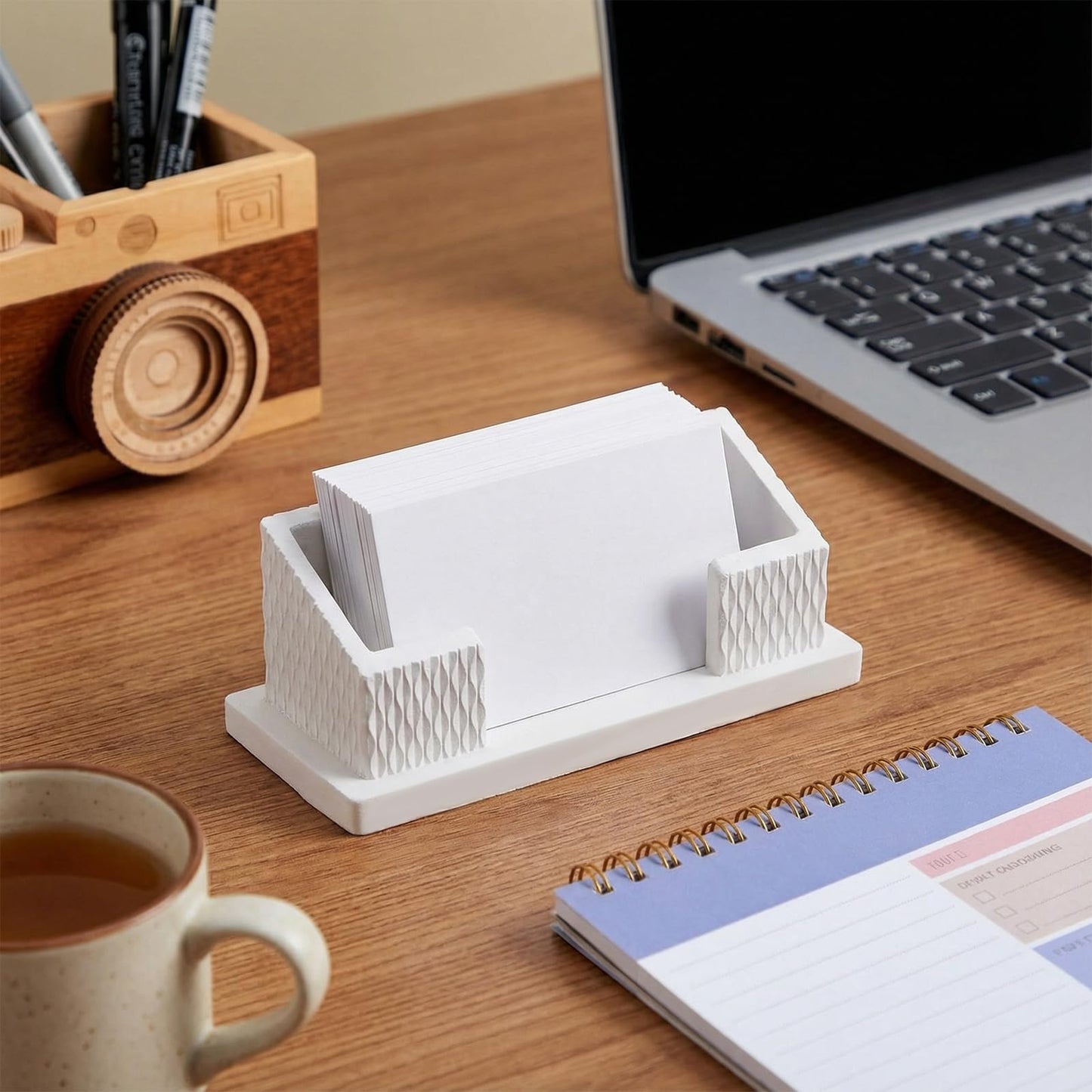 LemonRoad 2 Pcs Modern Concrete Business Card Holders for Desk Aesthetic Fluted Minimalist Concrete Business Card Display Stand Postcard Holder Organizers for Office Table Decor Desktop (White)