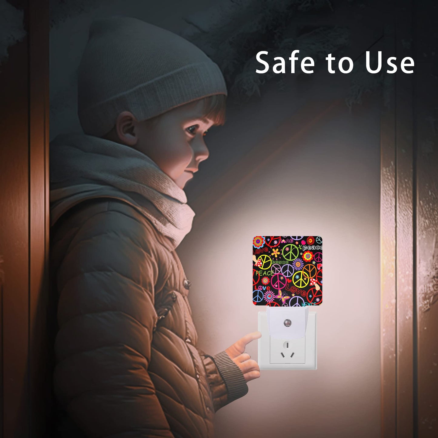 Oeaskly Hippie Peace Flowers Night Light,Hippies Plug-in Night Lights with Dusk-to-Dawn Sensor for Bedroom, Bathroom and Living Room 0.5W Sleep Friendly lamp for for Girlfriend/Boyfriend Gift
