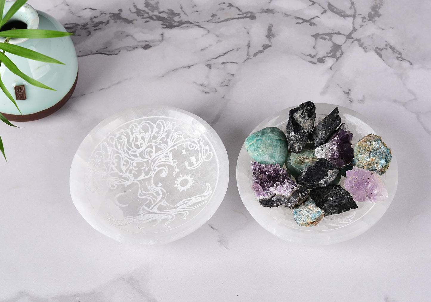AMOYSTONE Natural Selenite Charging Bowl with Tree of Life Engraving 5.5 Inch Energy Cleansing Crystal Plate for Healing Meditation and Spiritual Home Decor