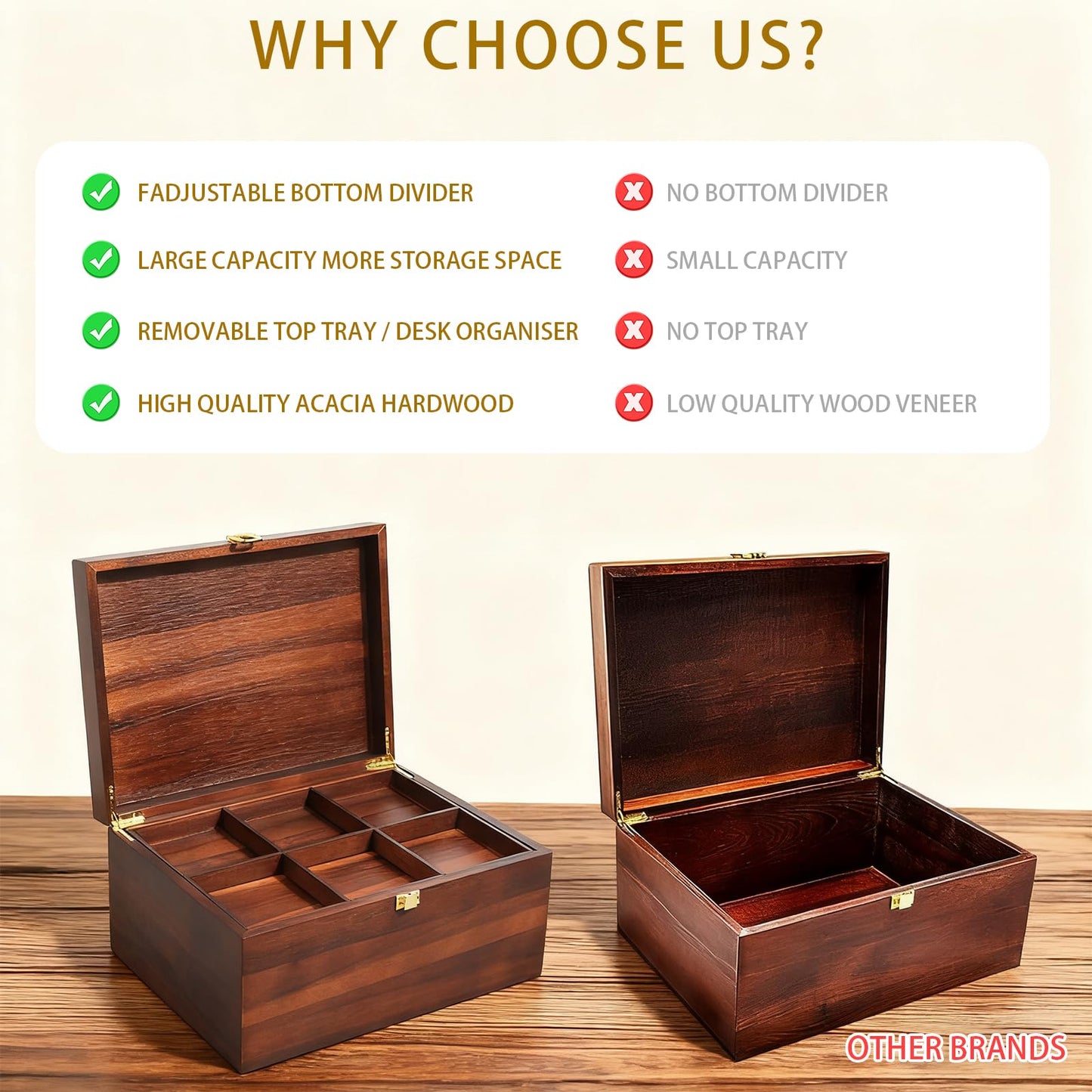 NLGQ Large Wooden Storage Box with Adjustable Tray, 12.5 IN Acacia Wood Keepsake Box with Lid for Storage Trinkets, Jewelry, Card, Photo, Wooden Decortive Case for Home 12.5x9.4x6.1 IN -WB006-X Large