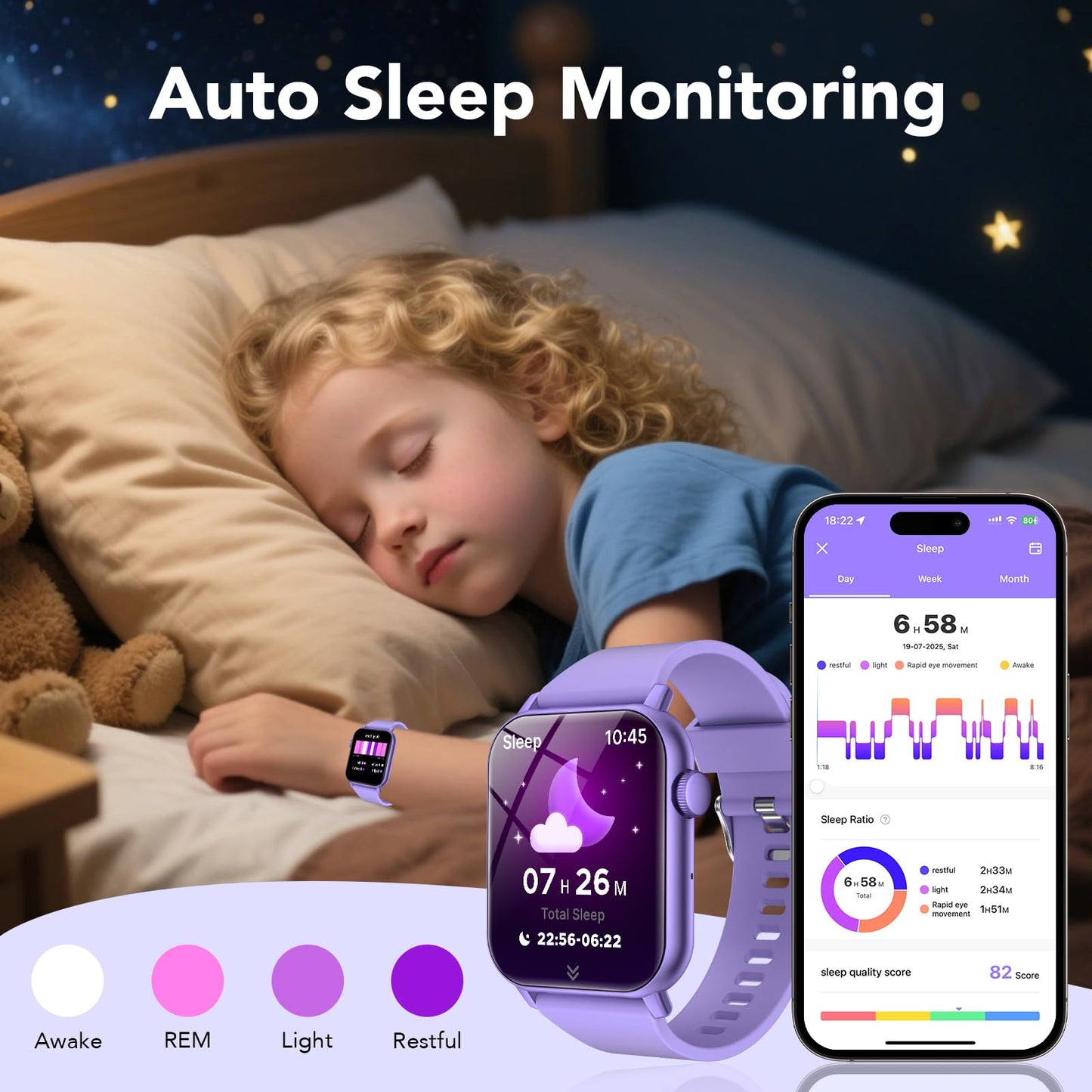 taopodo Kids Smart Watch with HD Touch Screen, IP68 Waterproof, Smart Watch for Kids with Puzzle Games, Step Counter, Heart Rate, Sleep Monitor, Flashlight, Music Player,Gift for Girls 8-12 (Purple)