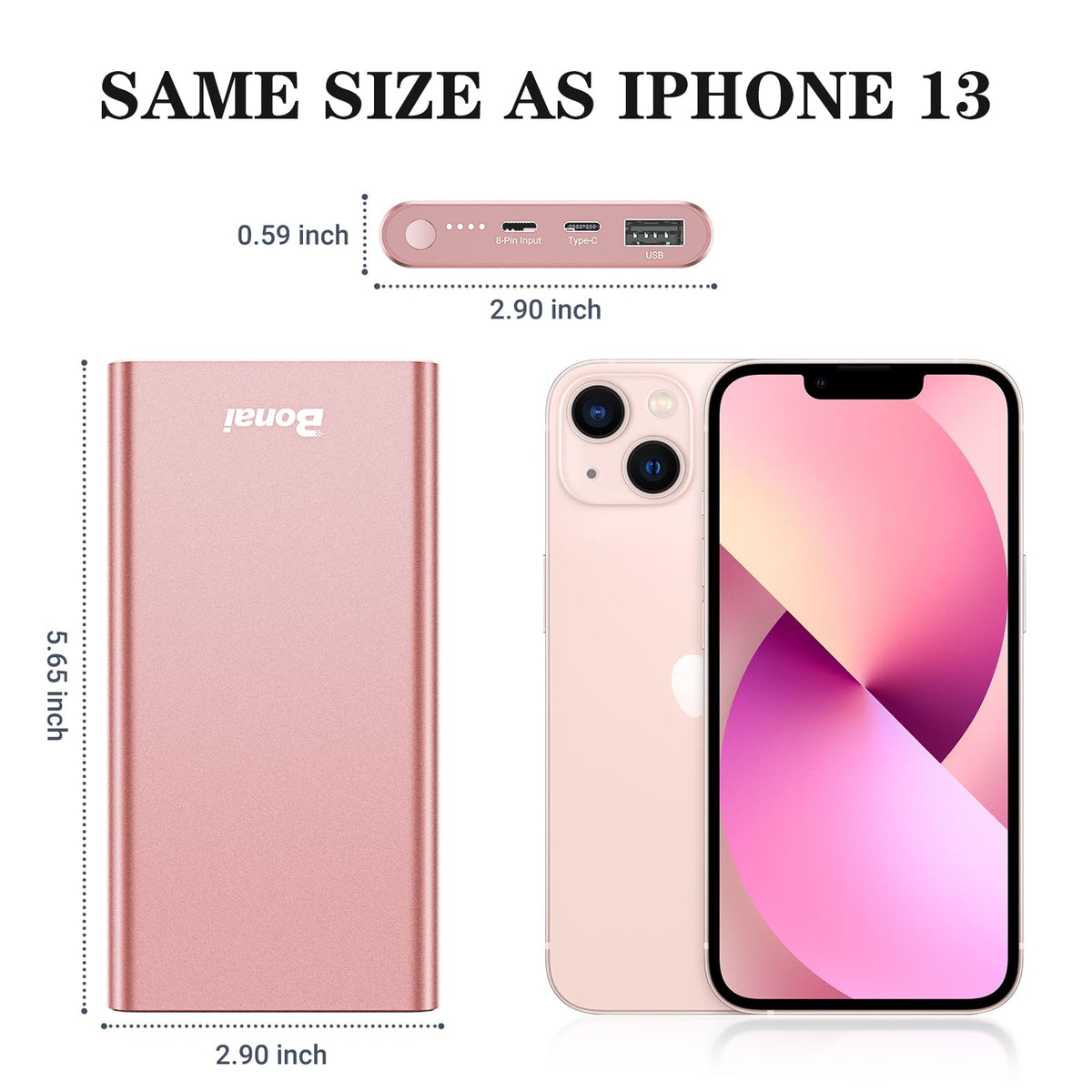BONAI Portable Charger 12,000mAh 5V/3A Fast Charging Power Bank, Dural Input & Output Ports (USB-C in & Out) Portable Phone Charger for iPhone 17/16/15/14/13/12 Series Galxy Android iPad etc- Pink