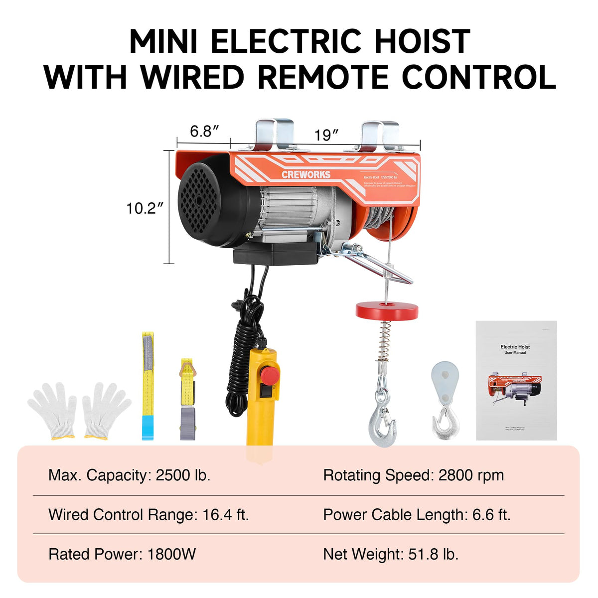 CREWORKS Electric Hoist, 2500lbs Electric Hoist with 16.4ft Wired Remote Control 39ft Single Cable Lifting Height, 1800W Single Double Slings Hoist Lift Ceiling Winch for Factory Warehouse Garage