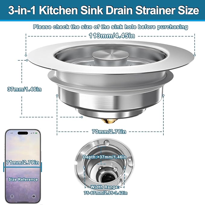 3-in-1 Kitchen Sink Drain Strainer Stopper, Upgraded Stainless Steel Sink Plug